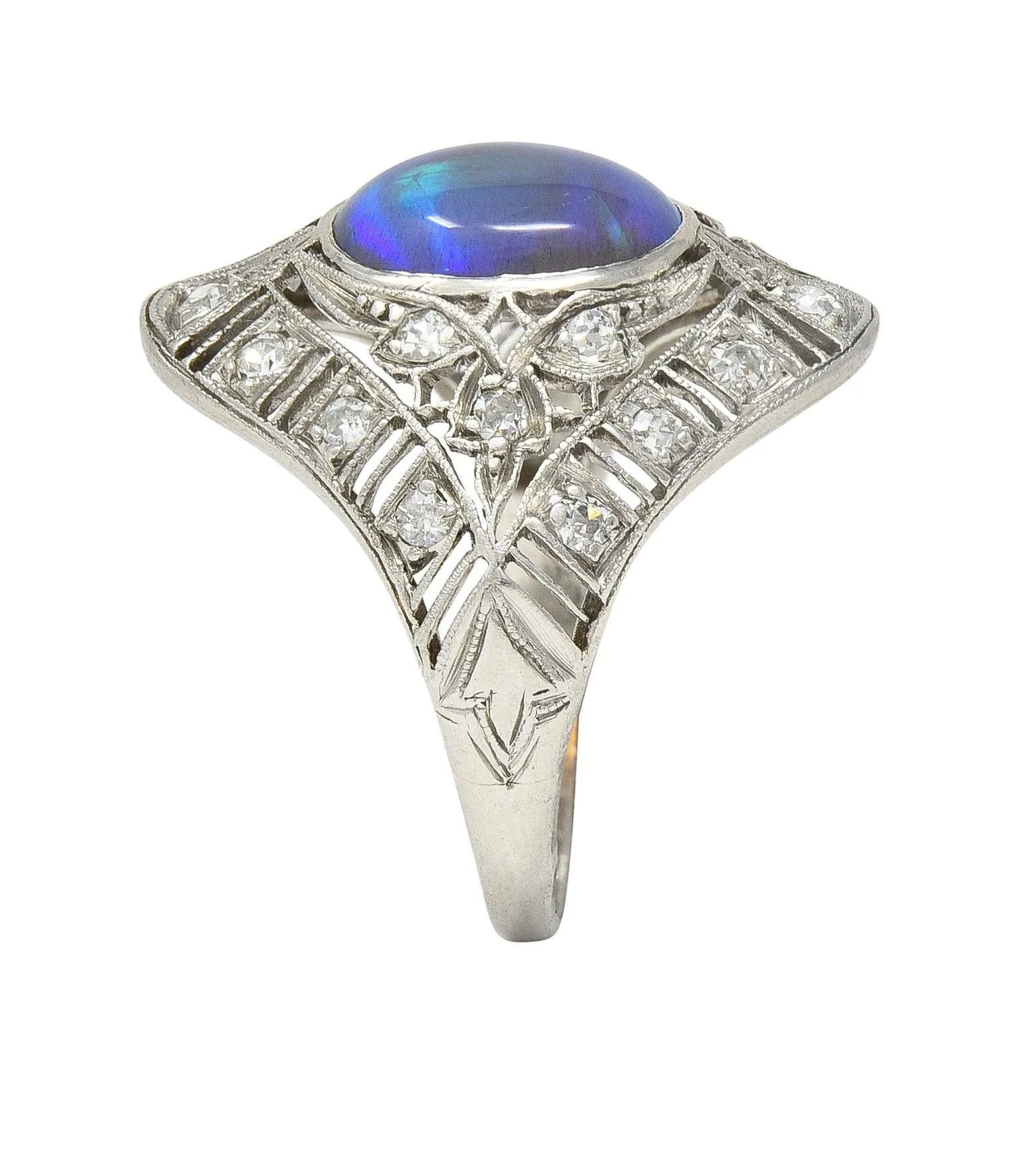 Art Deco Jelly Opal Cabochon Diamond Platinum Lotus Vintage Filigree Dinner Ring