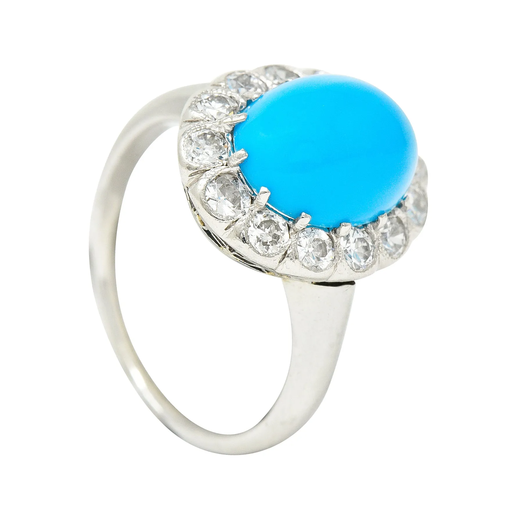 Art Deco Old European Cut Diamond Turquoise Cabochon Foliate 14 Karat White Gold Ring