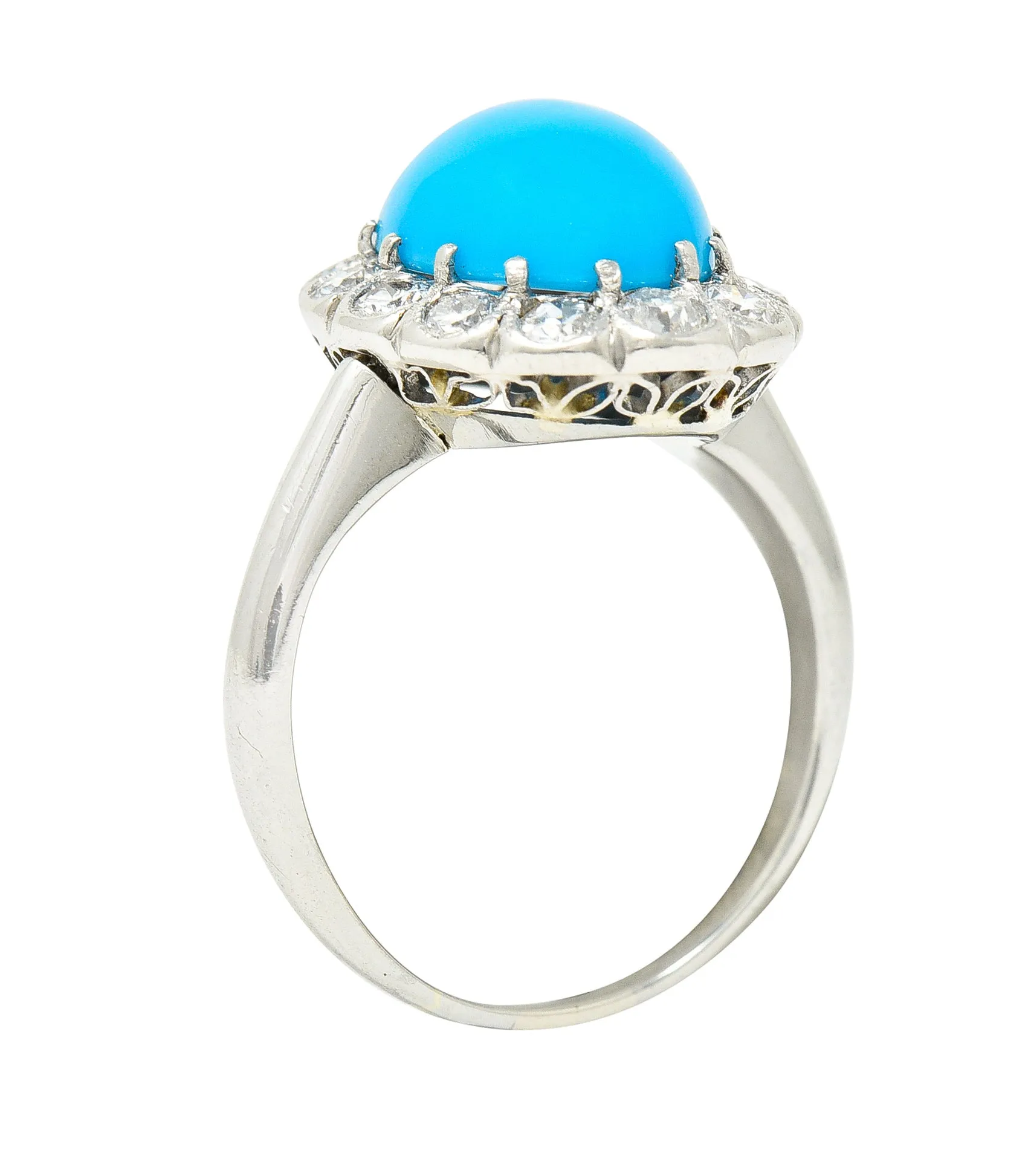 Art Deco Old European Cut Diamond Turquoise Cabochon Foliate 14 Karat White Gold Ring