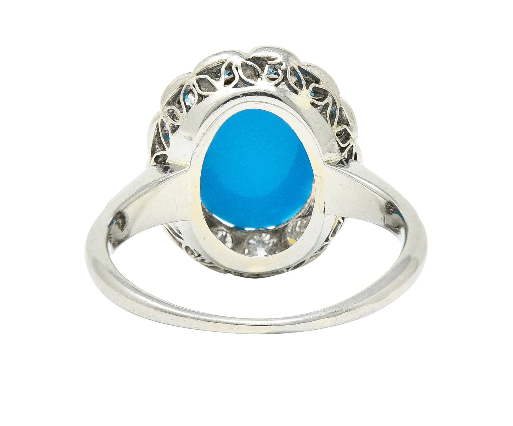 Art Deco Old European Cut Diamond Turquoise Cabochon Foliate 14 Karat White Gold Ring