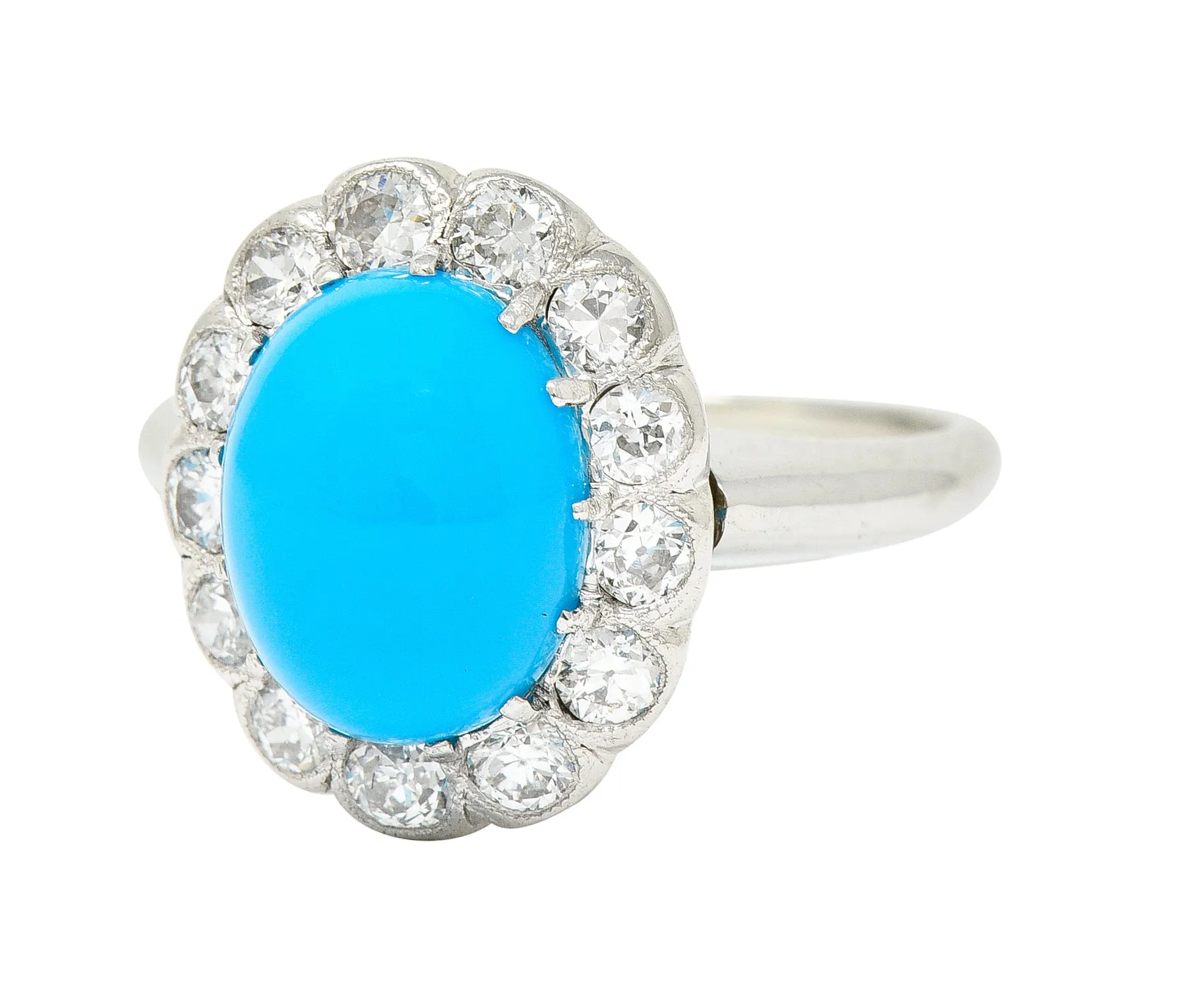 Art Deco Old European Cut Diamond Turquoise Cabochon Foliate 14 Karat White Gold Ring