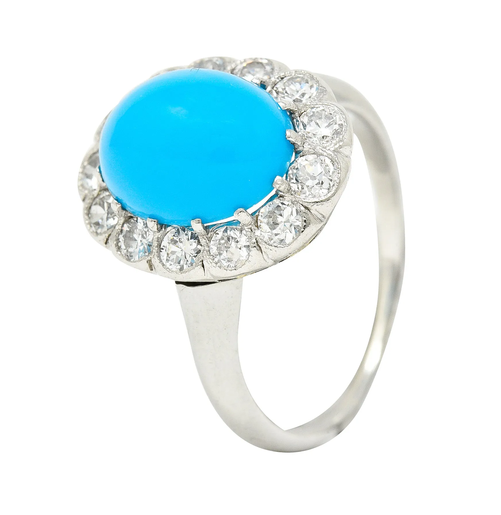 Art Deco Old European Cut Diamond Turquoise Cabochon Foliate 14 Karat White Gold Ring