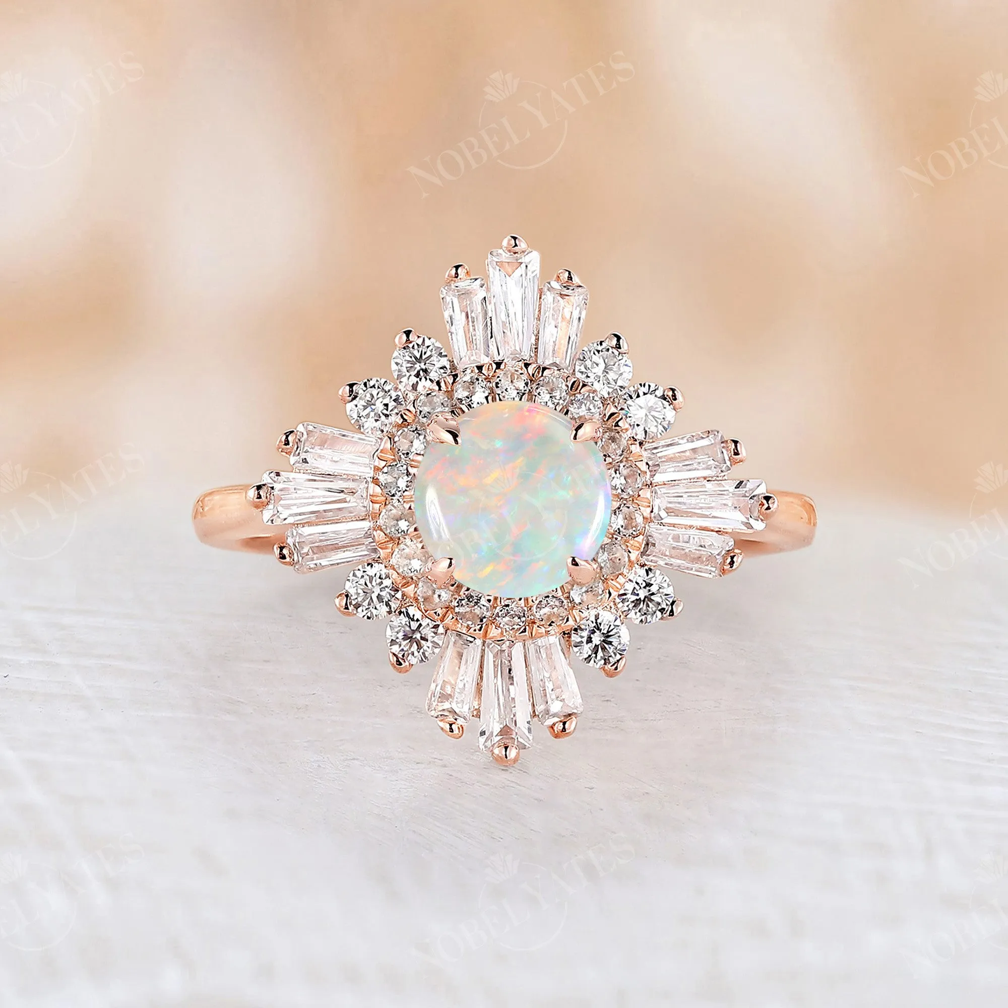 Art deco Round White Opal Halo Engagement Ring Rose Gold