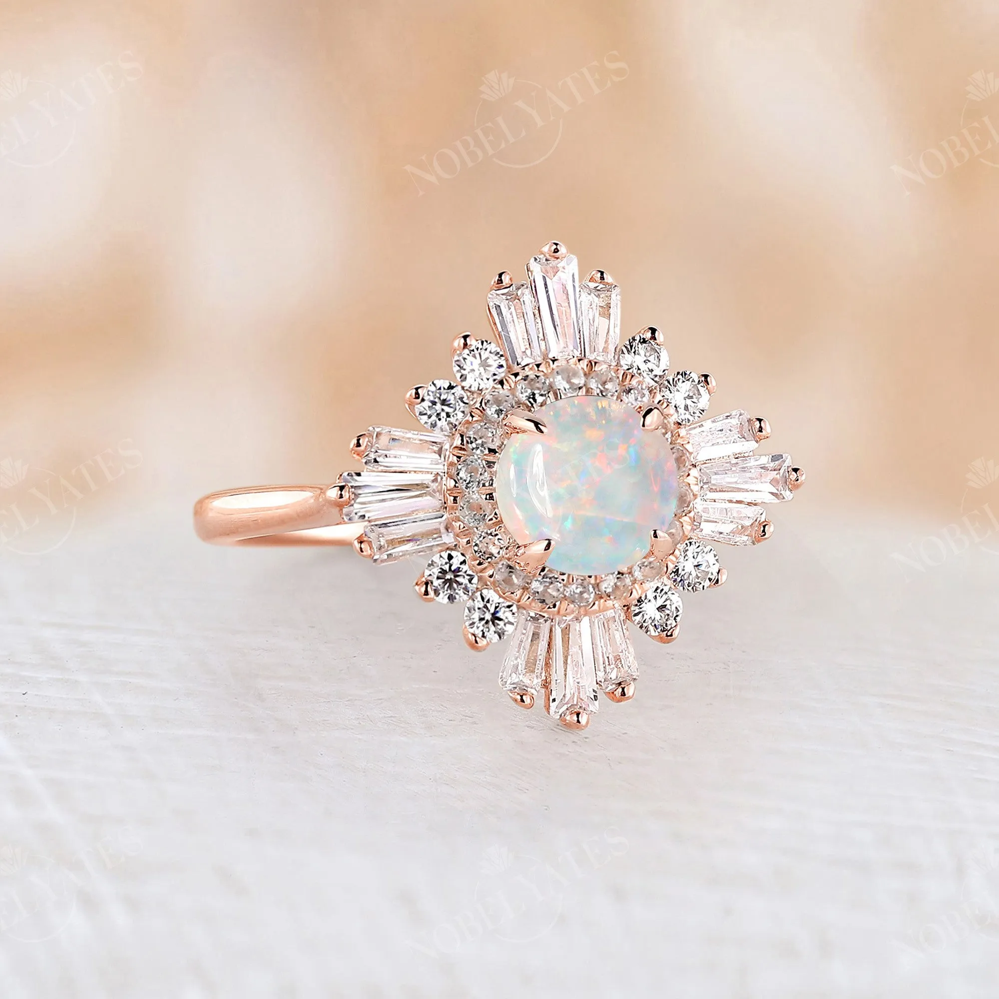 Art deco Round White Opal Halo Engagement Ring Rose Gold