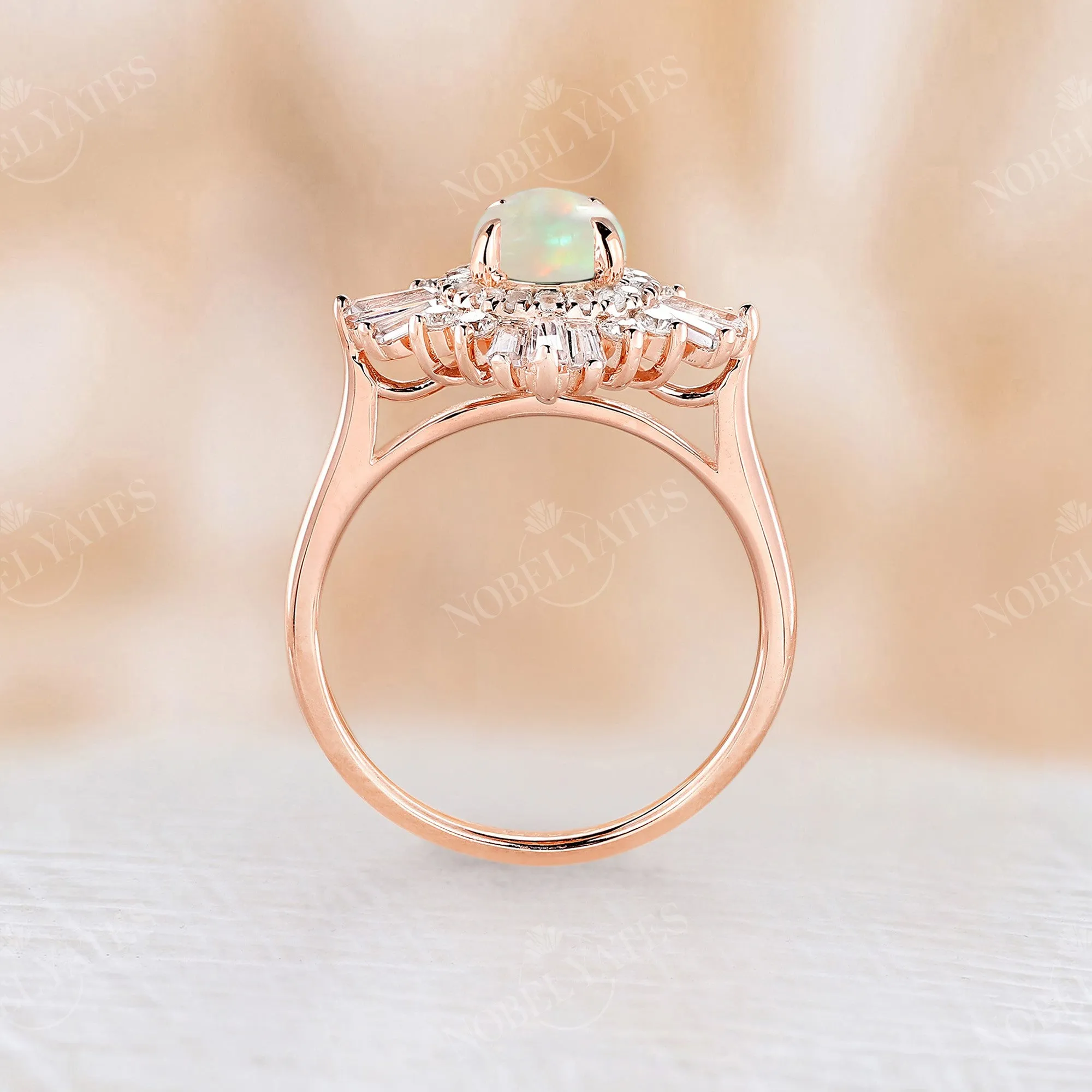 Art deco Round White Opal Halo Engagement Ring Rose Gold