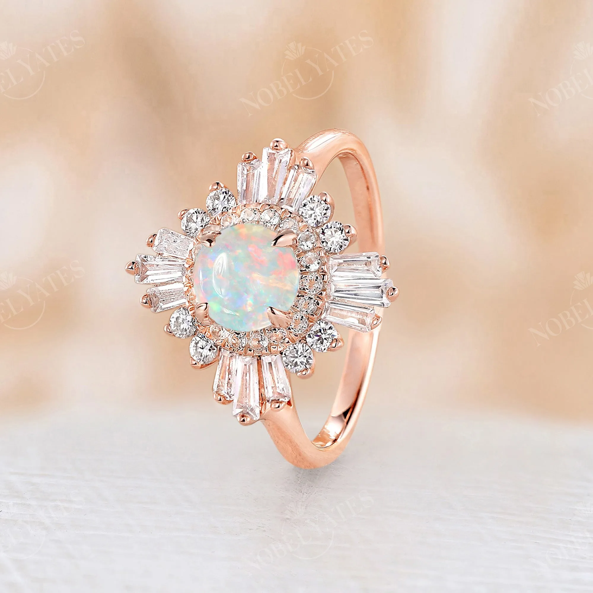 Art deco Round White Opal Halo Engagement Ring Rose Gold