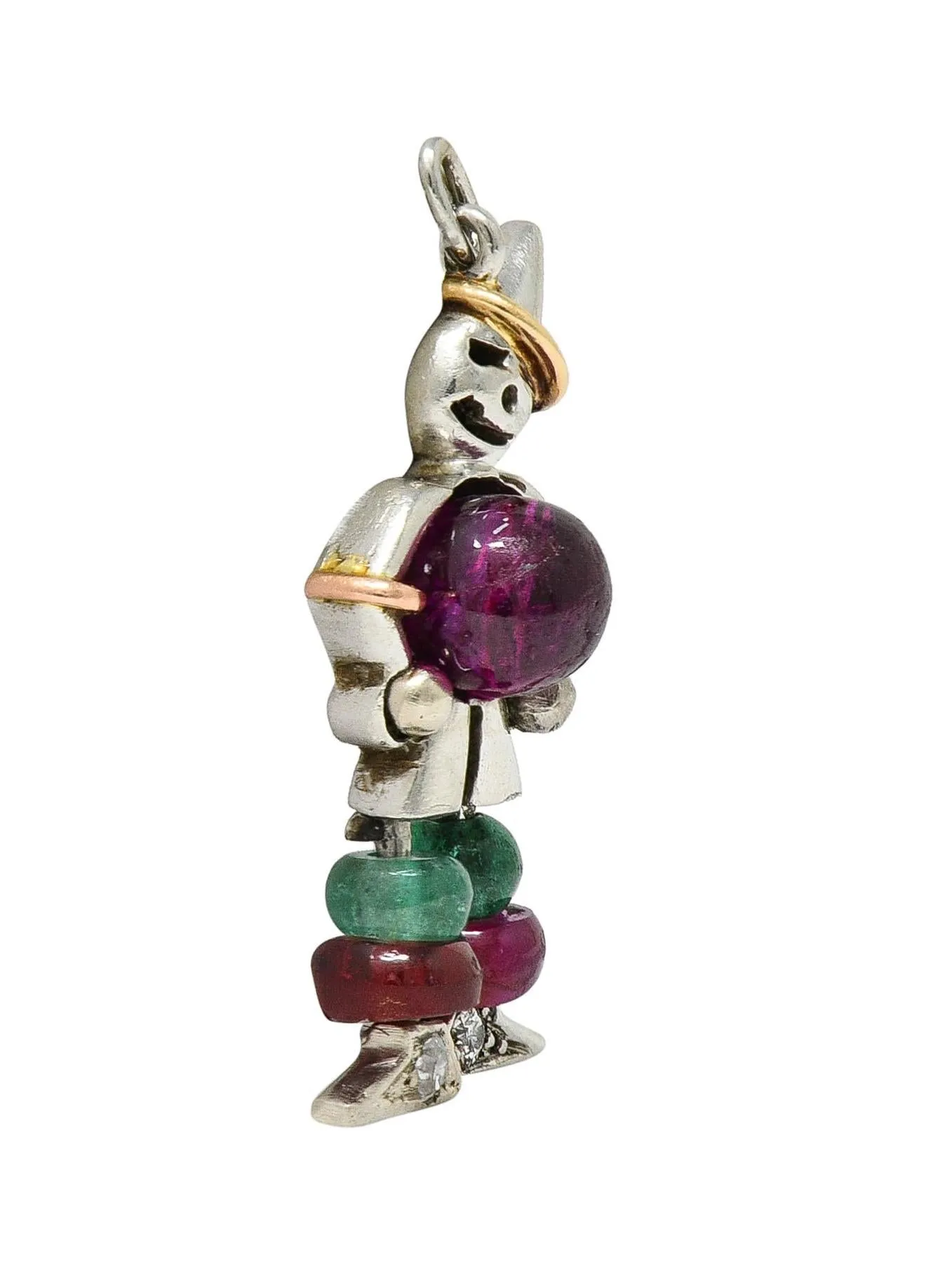 Art Deco Ruby Emerald Diamond Platinum 14 Karat Gold Vintage Articulated Clown Charm