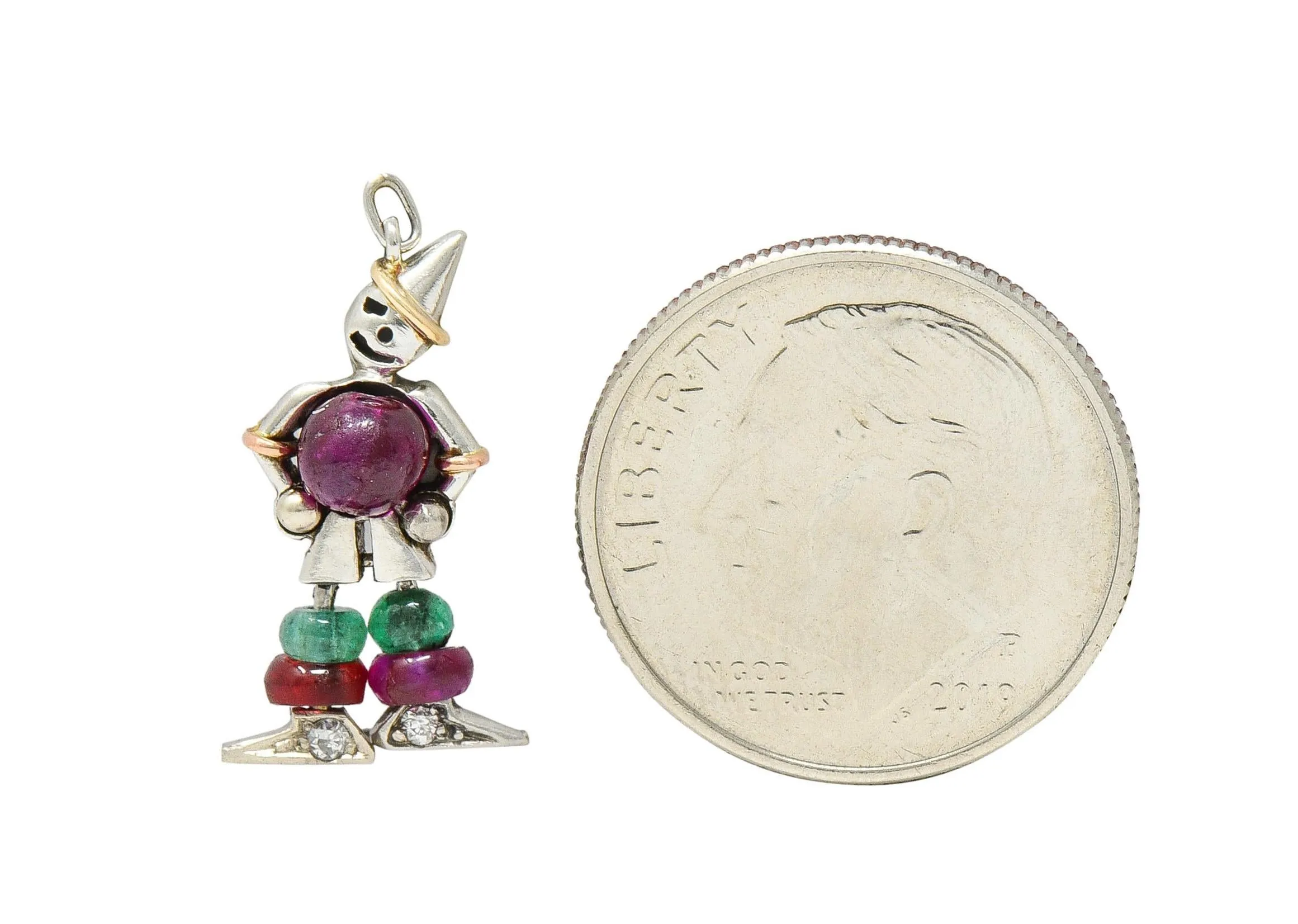 Art Deco Ruby Emerald Diamond Platinum 14 Karat Gold Vintage Articulated Clown Charm