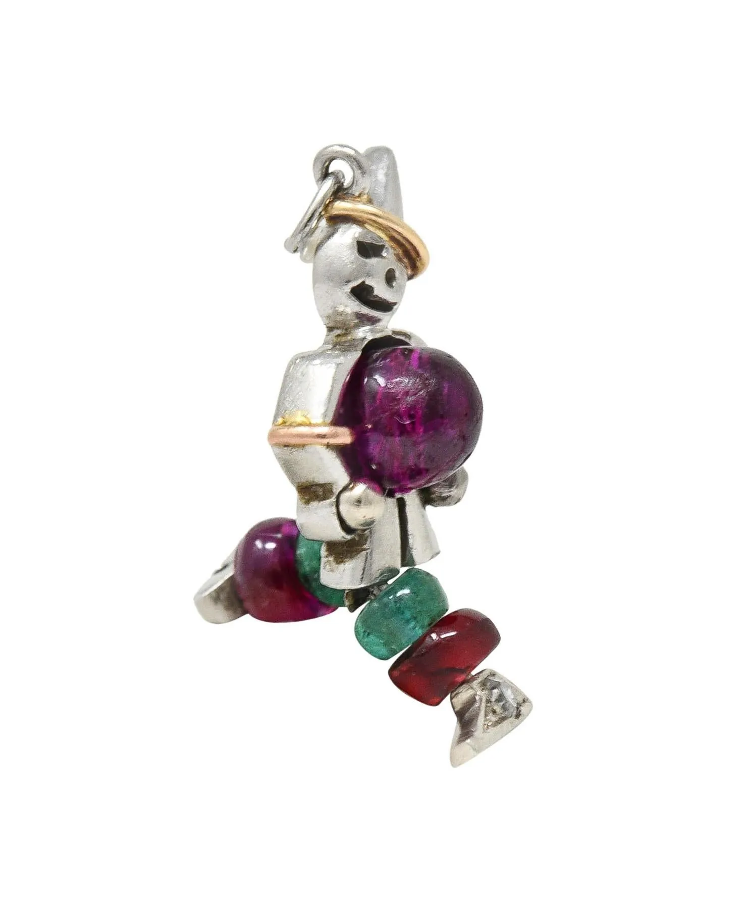 Art Deco Ruby Emerald Diamond Platinum 14 Karat Gold Vintage Articulated Clown Charm