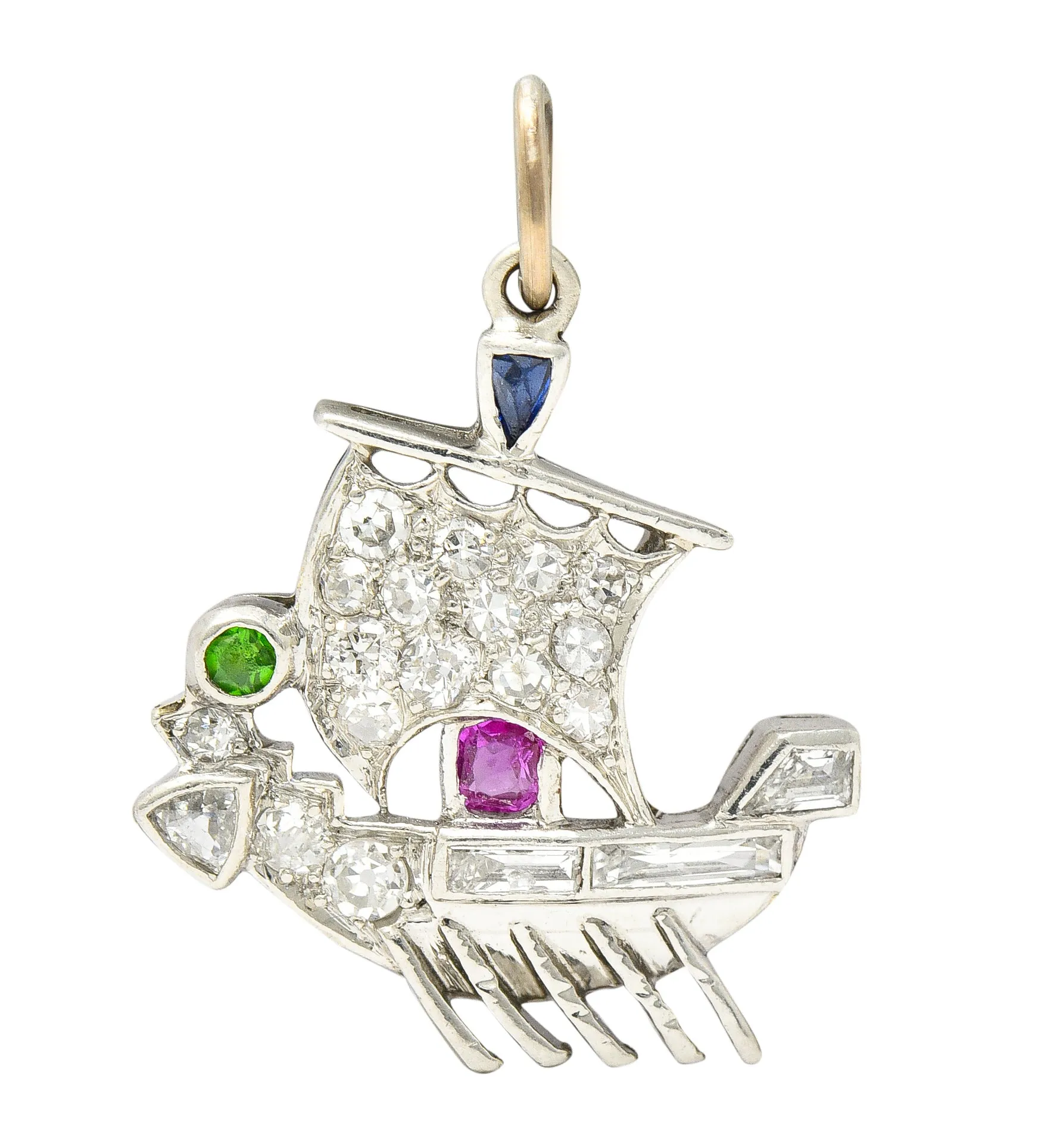 Art Deco Sapphire Ruby Demantoid Garnet Diamond Platinum Viking Ship Charm