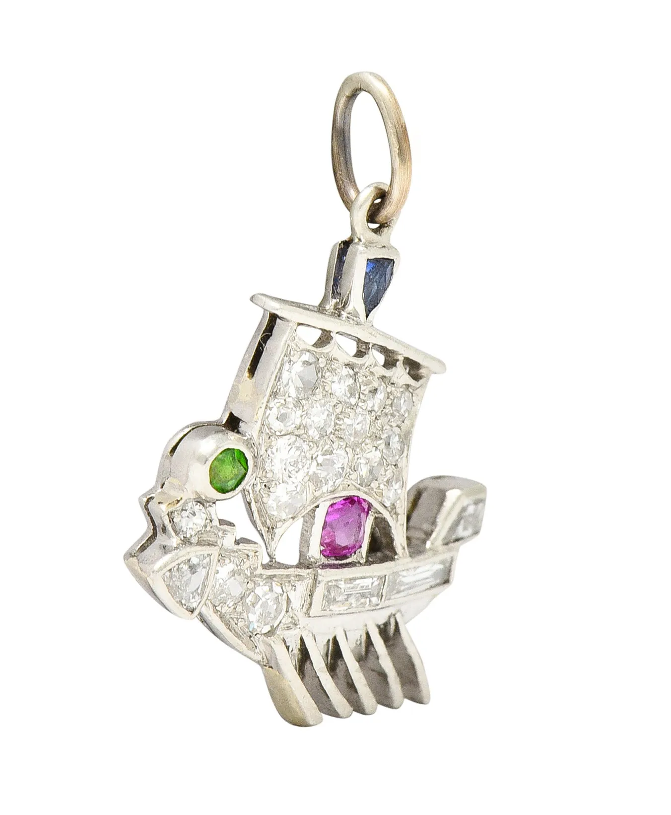 Art Deco Sapphire Ruby Demantoid Garnet Diamond Platinum Viking Ship Charm