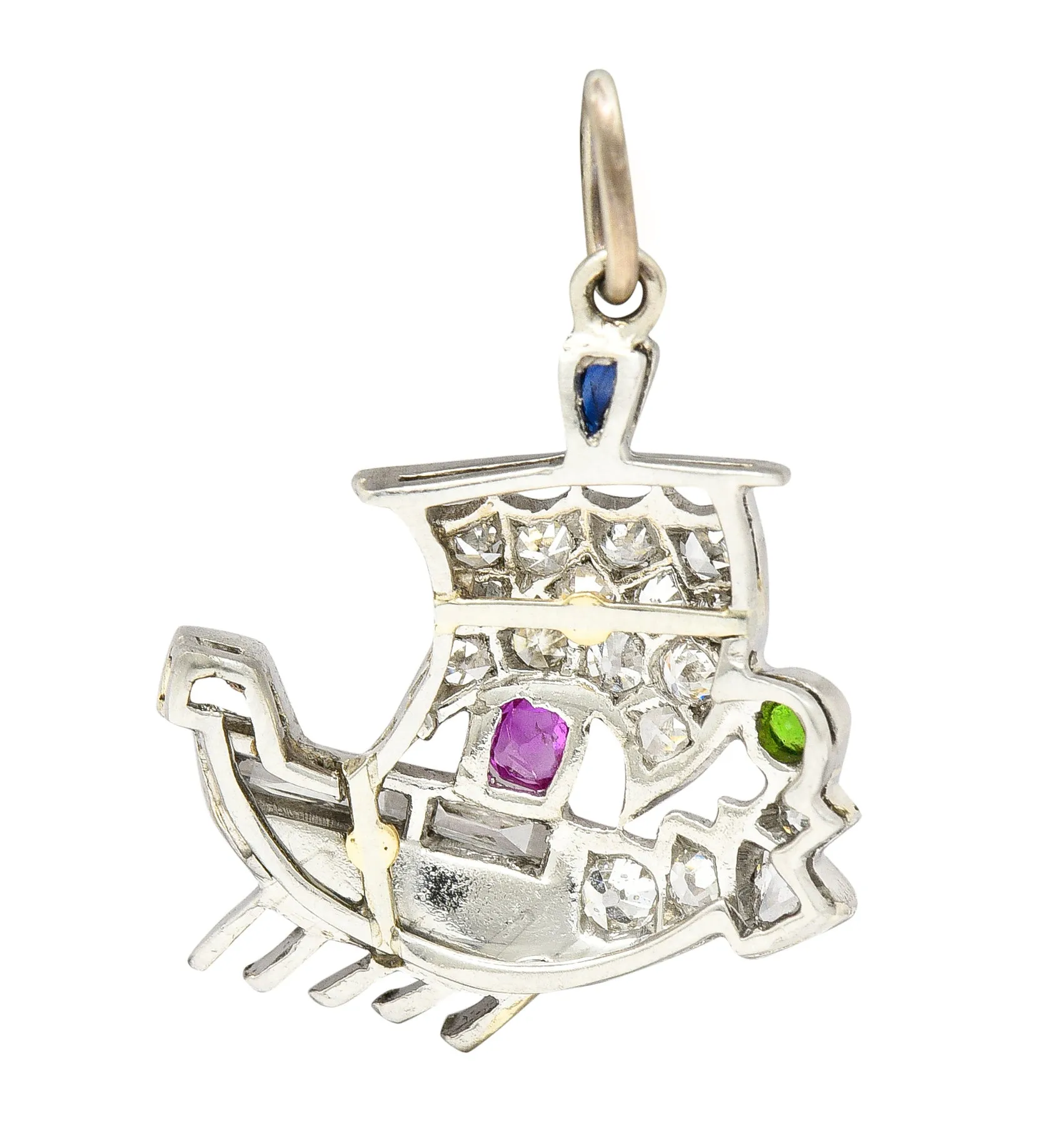 Art Deco Sapphire Ruby Demantoid Garnet Diamond Platinum Viking Ship Charm