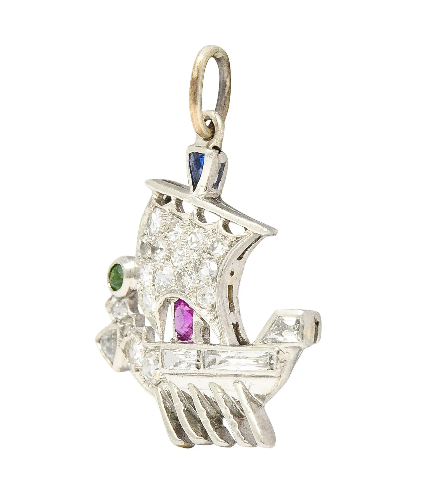 Art Deco Sapphire Ruby Demantoid Garnet Diamond Platinum Viking Ship Charm