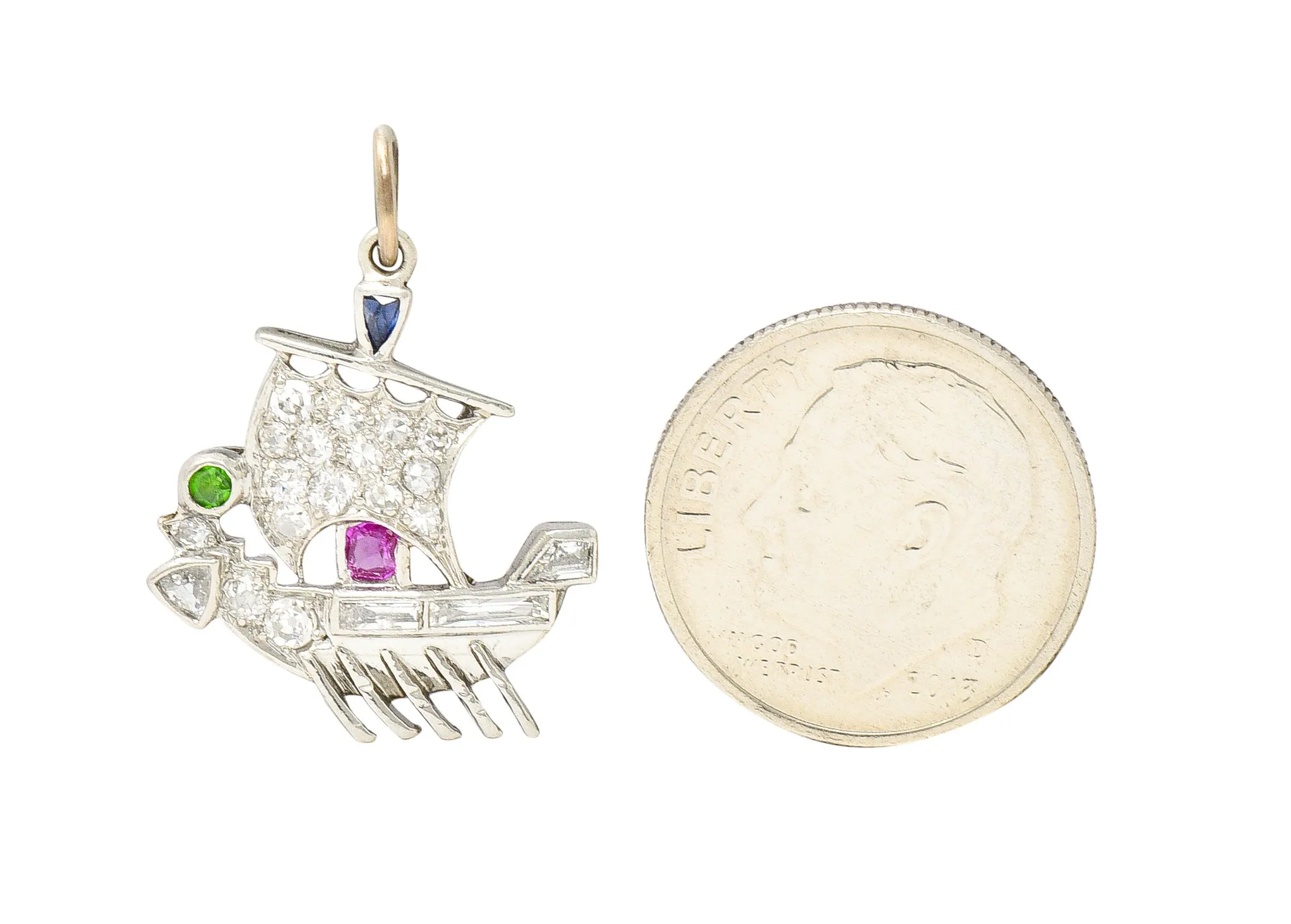 Art Deco Sapphire Ruby Demantoid Garnet Diamond Platinum Viking Ship Charm