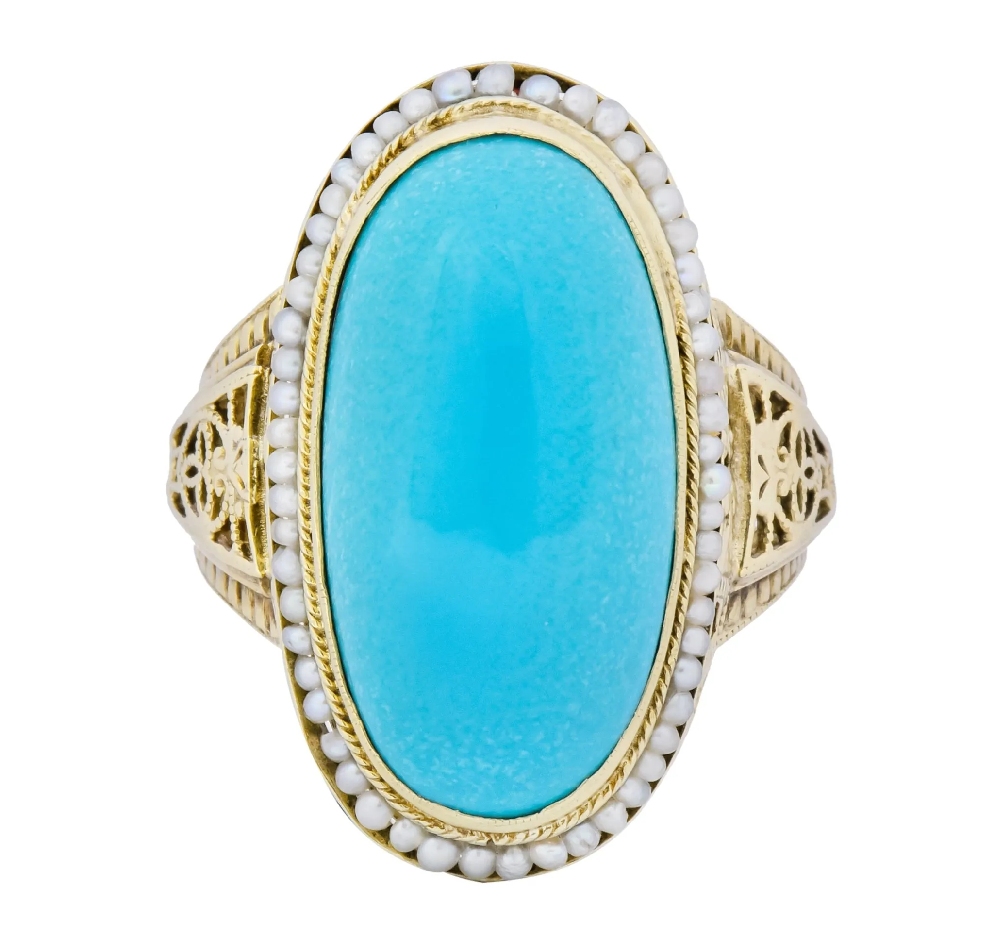 Art Deco Turquoise Seed Pearl 14 Karat Gold Fashion Ring