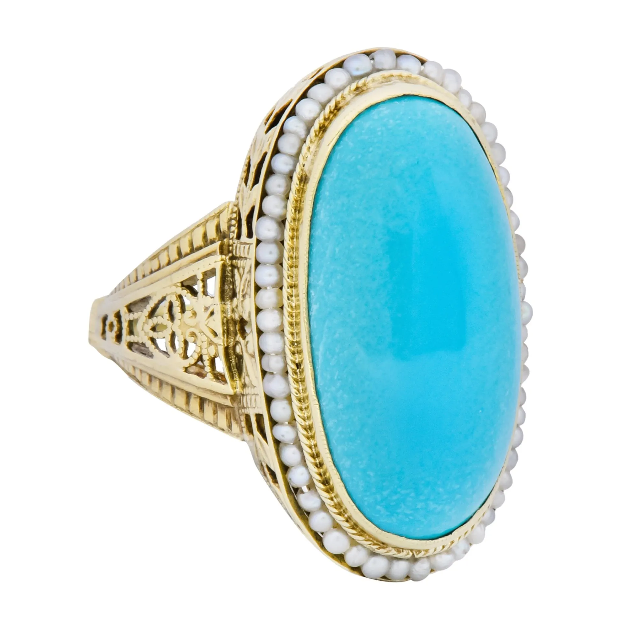 Art Deco Turquoise Seed Pearl 14 Karat Gold Fashion Ring