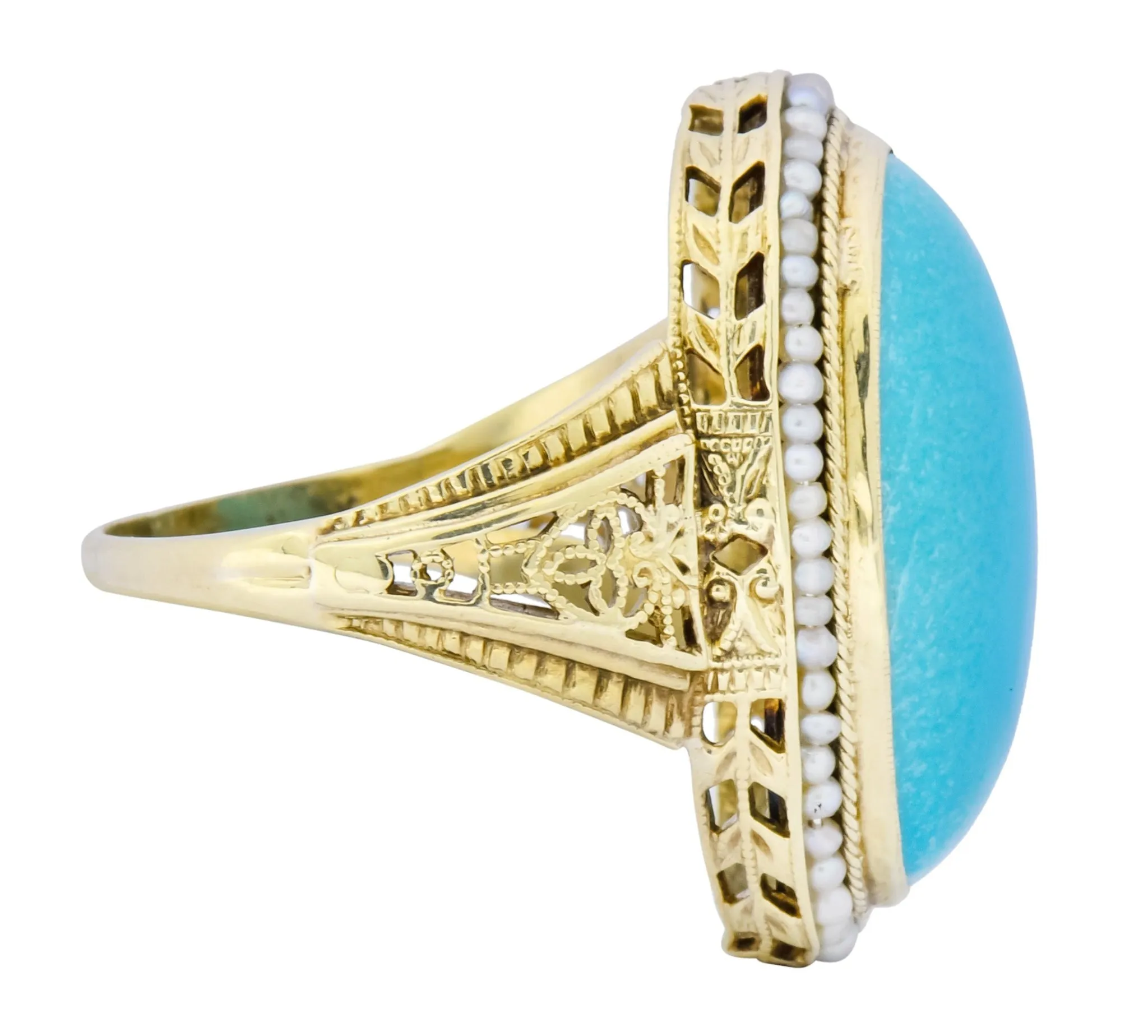 Art Deco Turquoise Seed Pearl 14 Karat Gold Fashion Ring