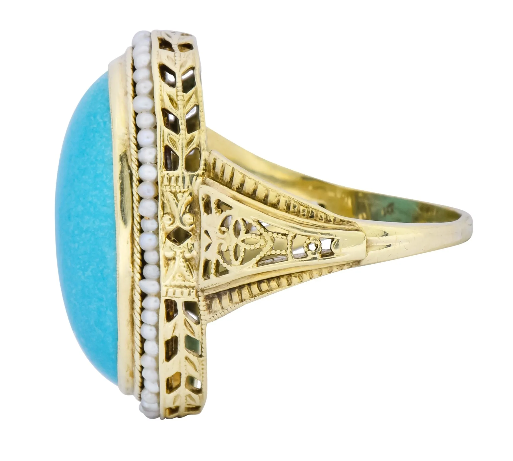 Art Deco Turquoise Seed Pearl 14 Karat Gold Fashion Ring