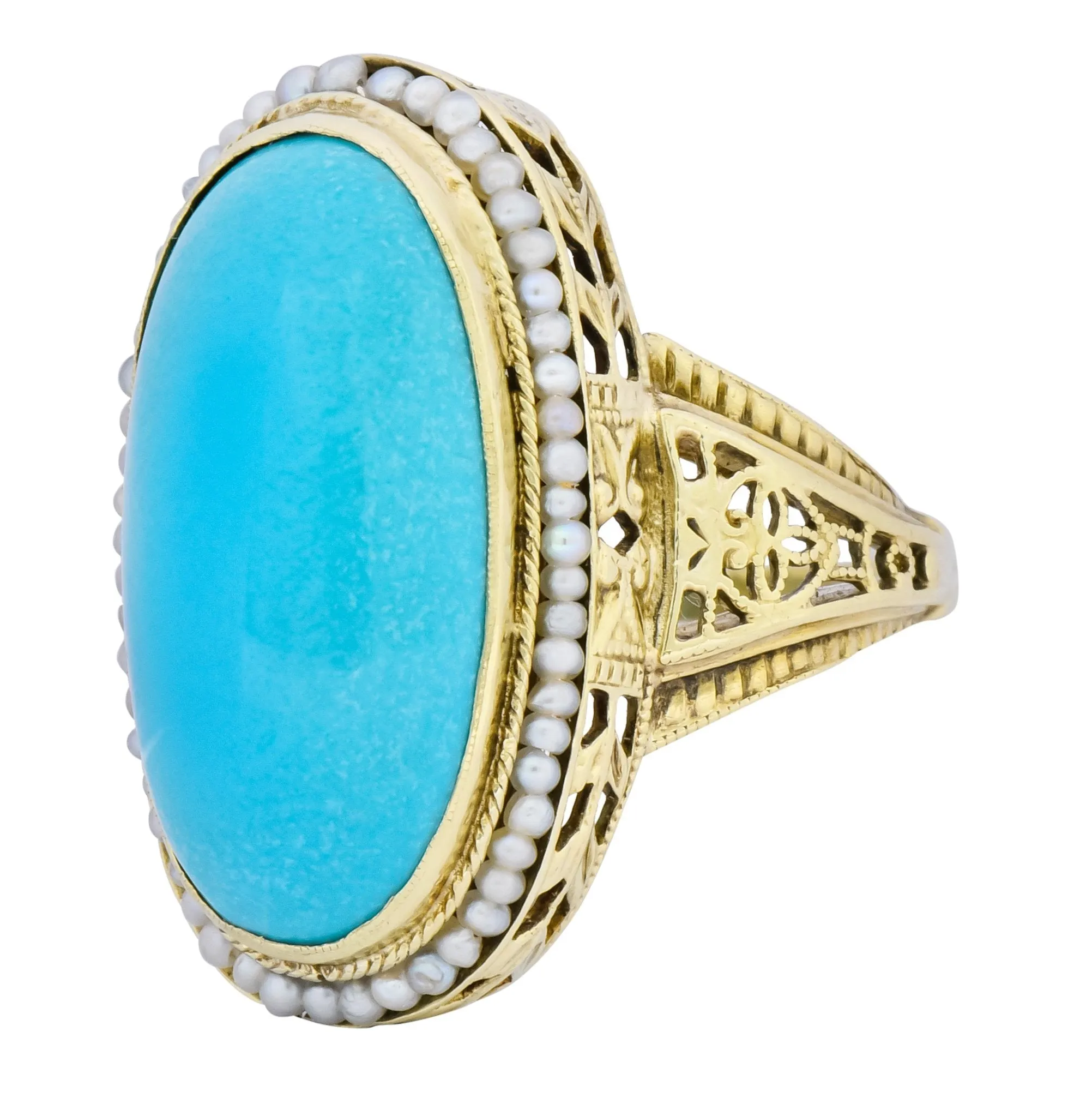 Art Deco Turquoise Seed Pearl 14 Karat Gold Fashion Ring