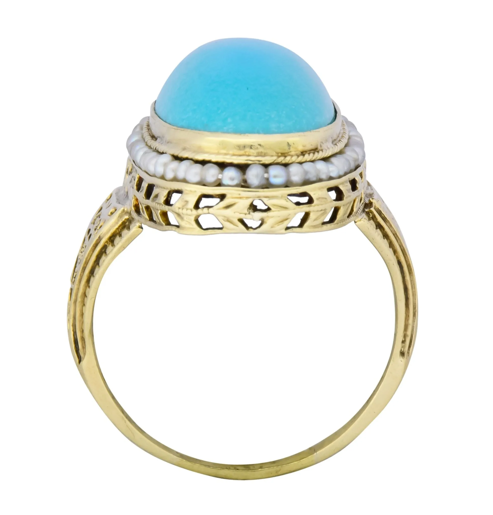 Art Deco Turquoise Seed Pearl 14 Karat Gold Fashion Ring