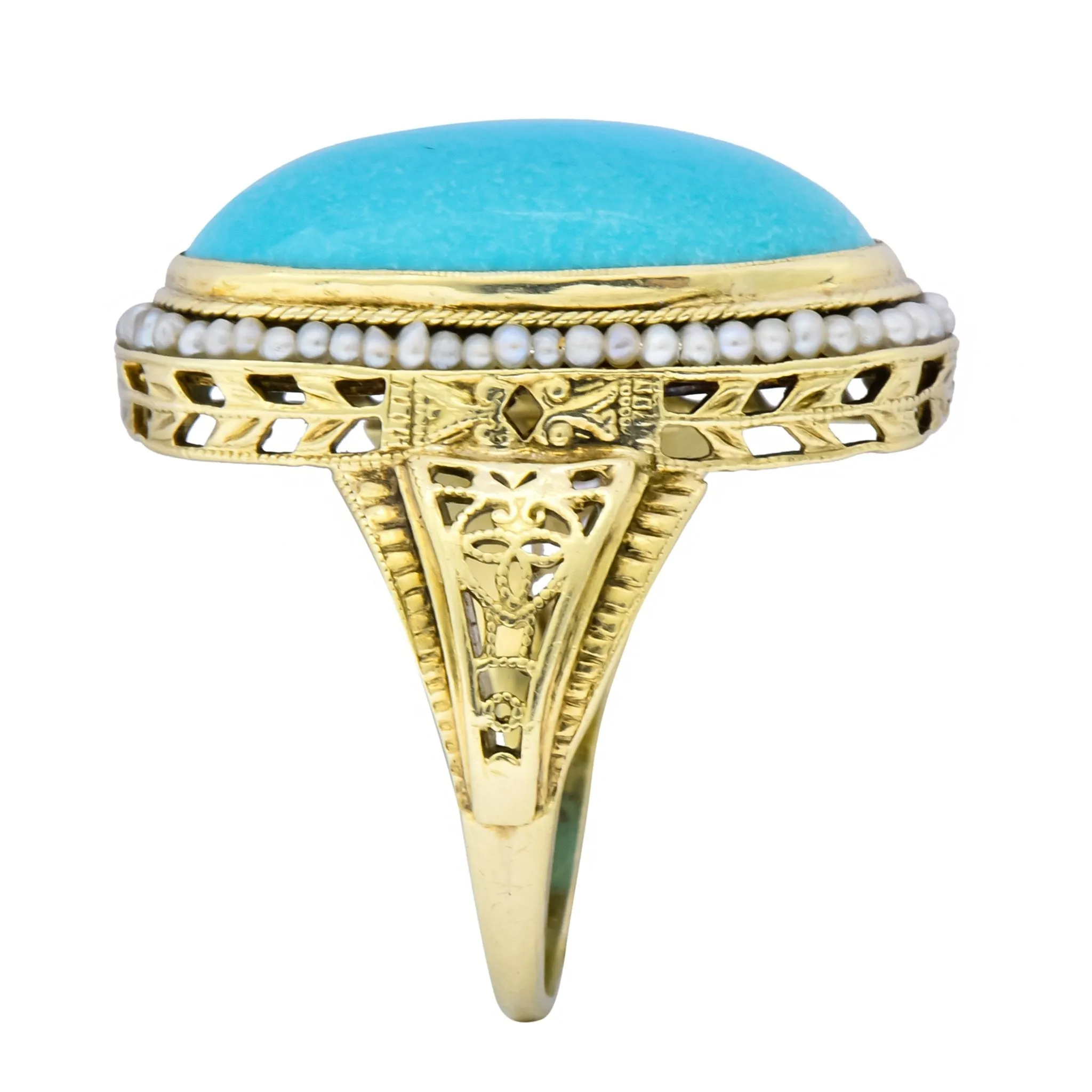 Art Deco Turquoise Seed Pearl 14 Karat Gold Fashion Ring