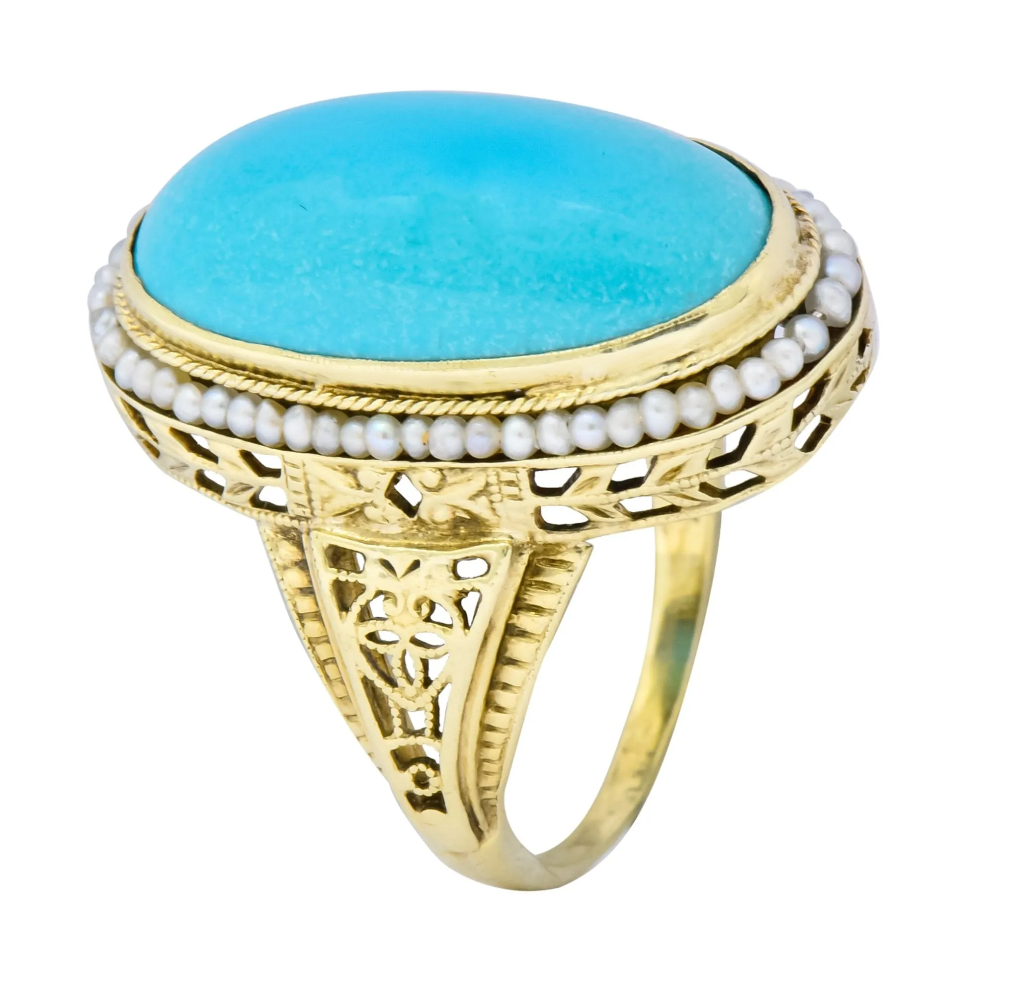 Art Deco Turquoise Seed Pearl 14 Karat Gold Fashion Ring