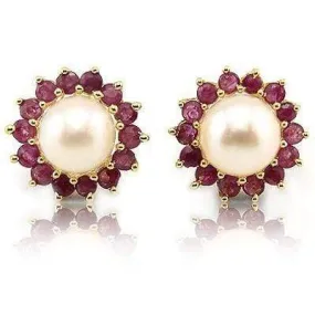 ASTONISHING ! 7MM WHITE PEARL & 1.00 CT GENUINE RUBY 10KT SOLID GOLD EARRINGS STUD