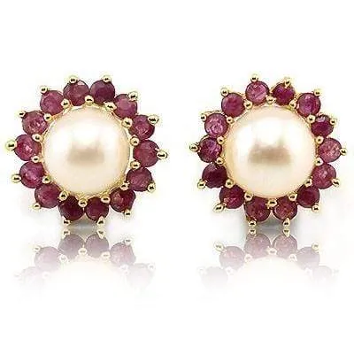 ASTONISHING ! 7MM WHITE PEARL & 1.00 CT GENUINE RUBY 10KT SOLID GOLD EARRINGS STUD