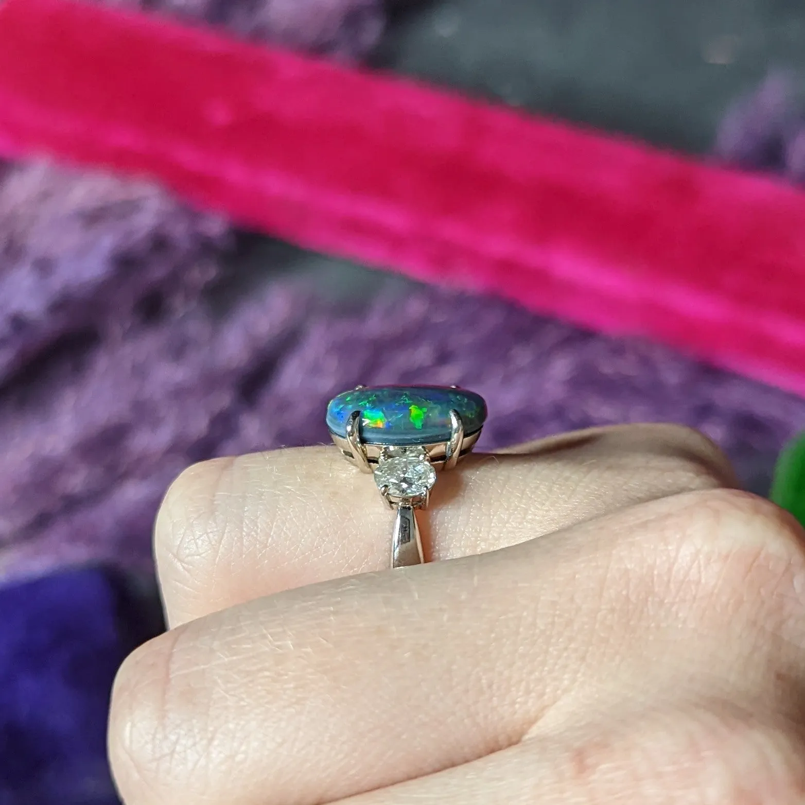 Black Opal Oval Cut Diamond Platinum Three Stone Gemstone Ring