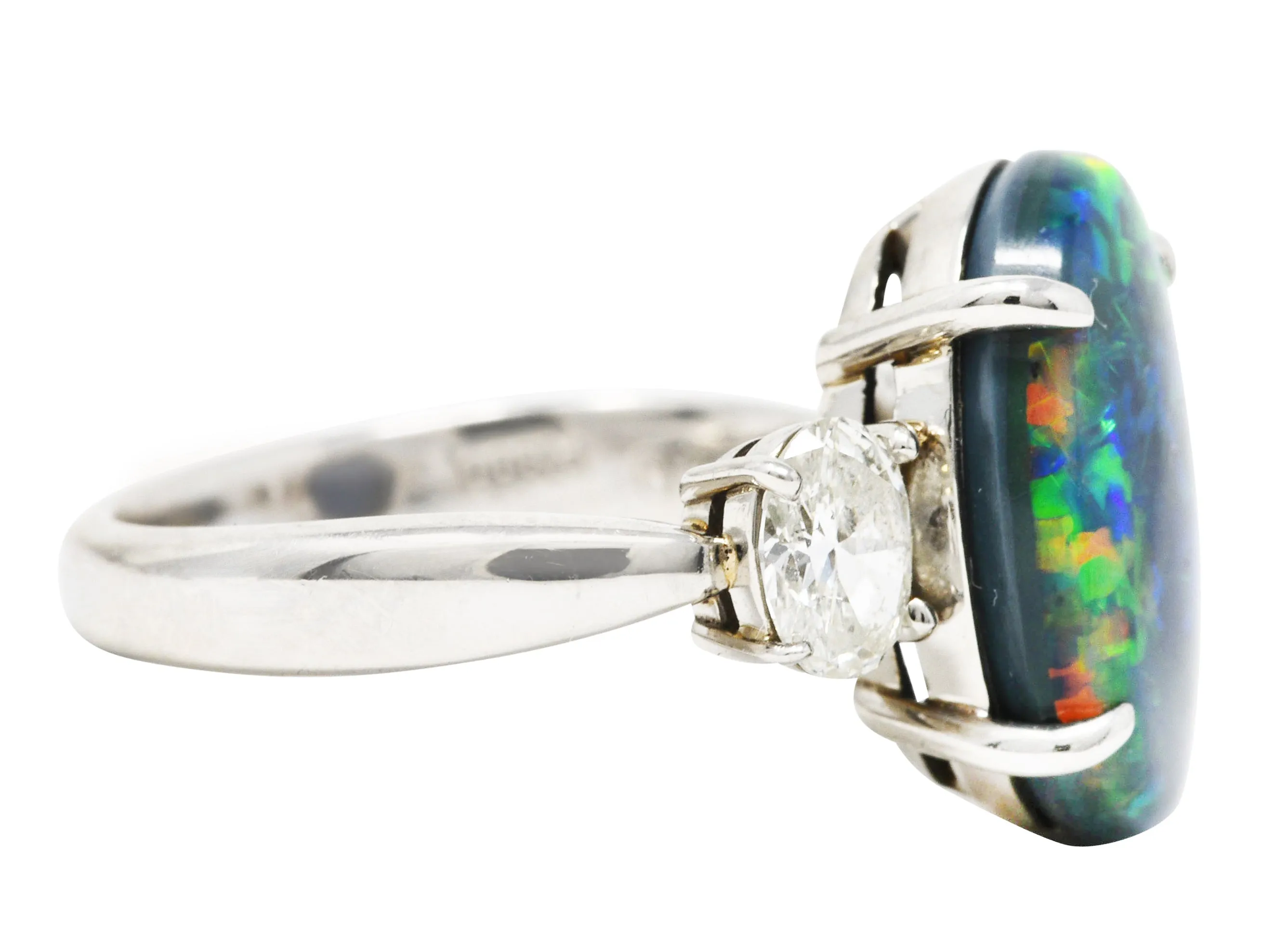 Black Opal Oval Cut Diamond Platinum Three Stone Gemstone Ring