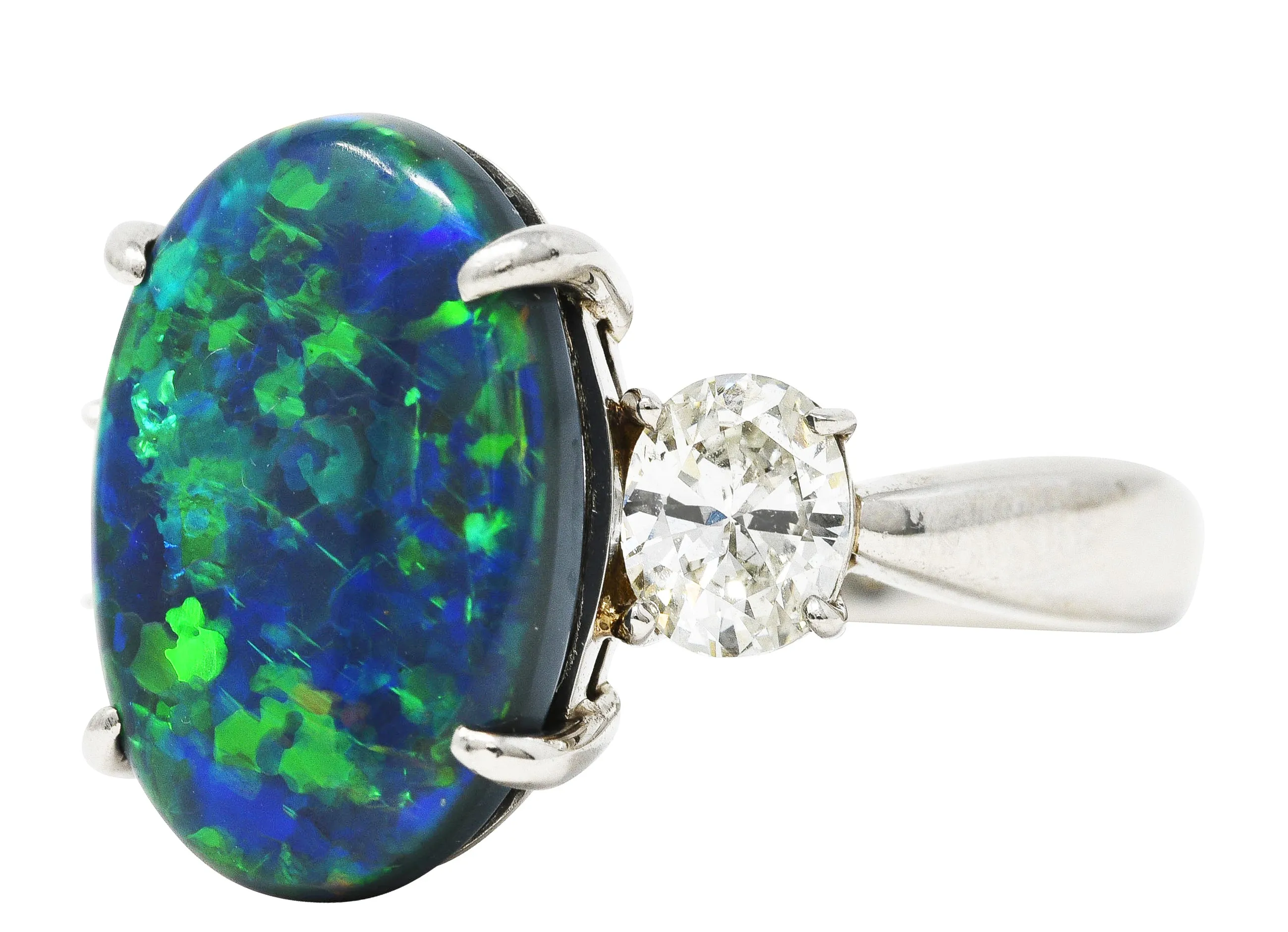 Black Opal Oval Cut Diamond Platinum Three Stone Gemstone Ring