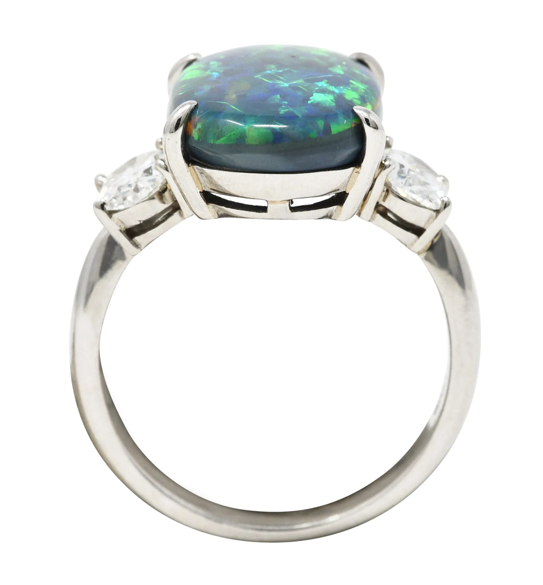 Black Opal Oval Cut Diamond Platinum Three Stone Gemstone Ring