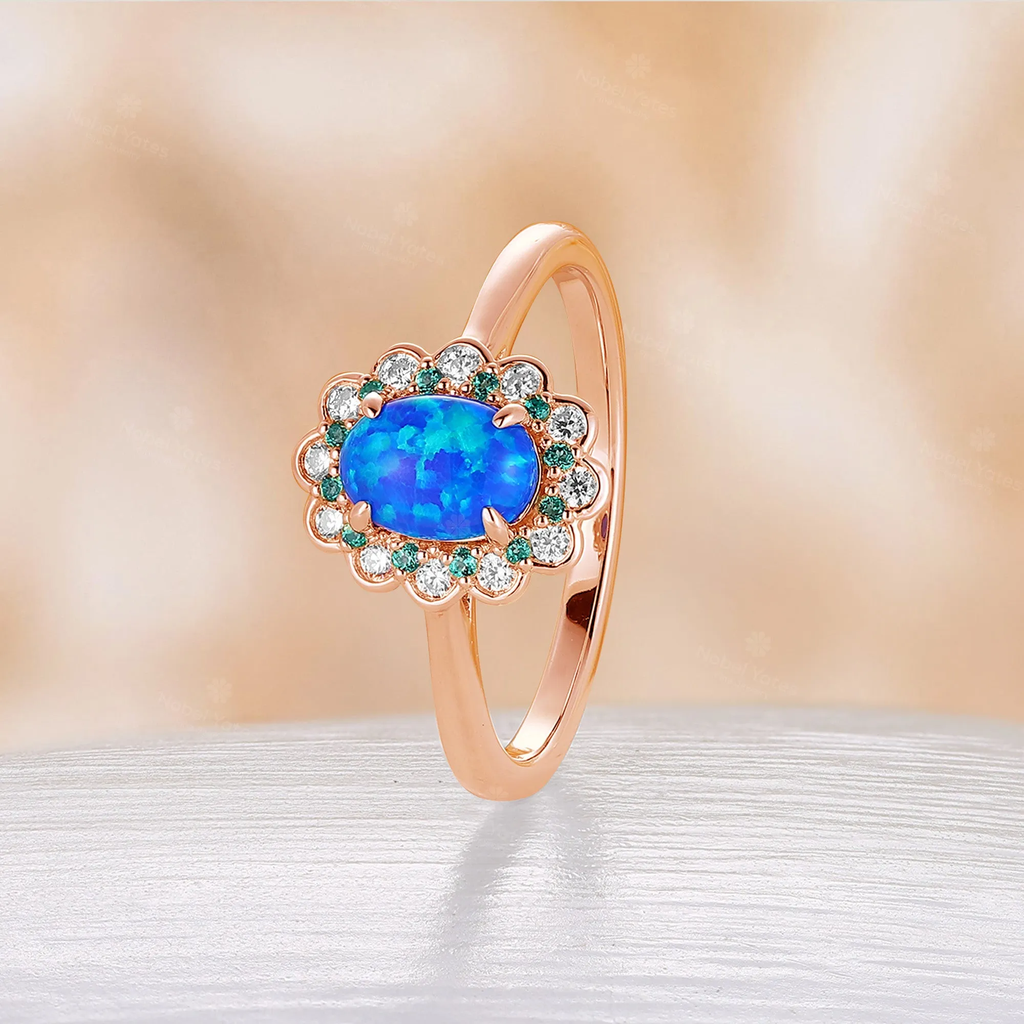 Blue Oval Lab Opal Lab Emerald & Moissanite Halo Engagement Ring Rose Gold