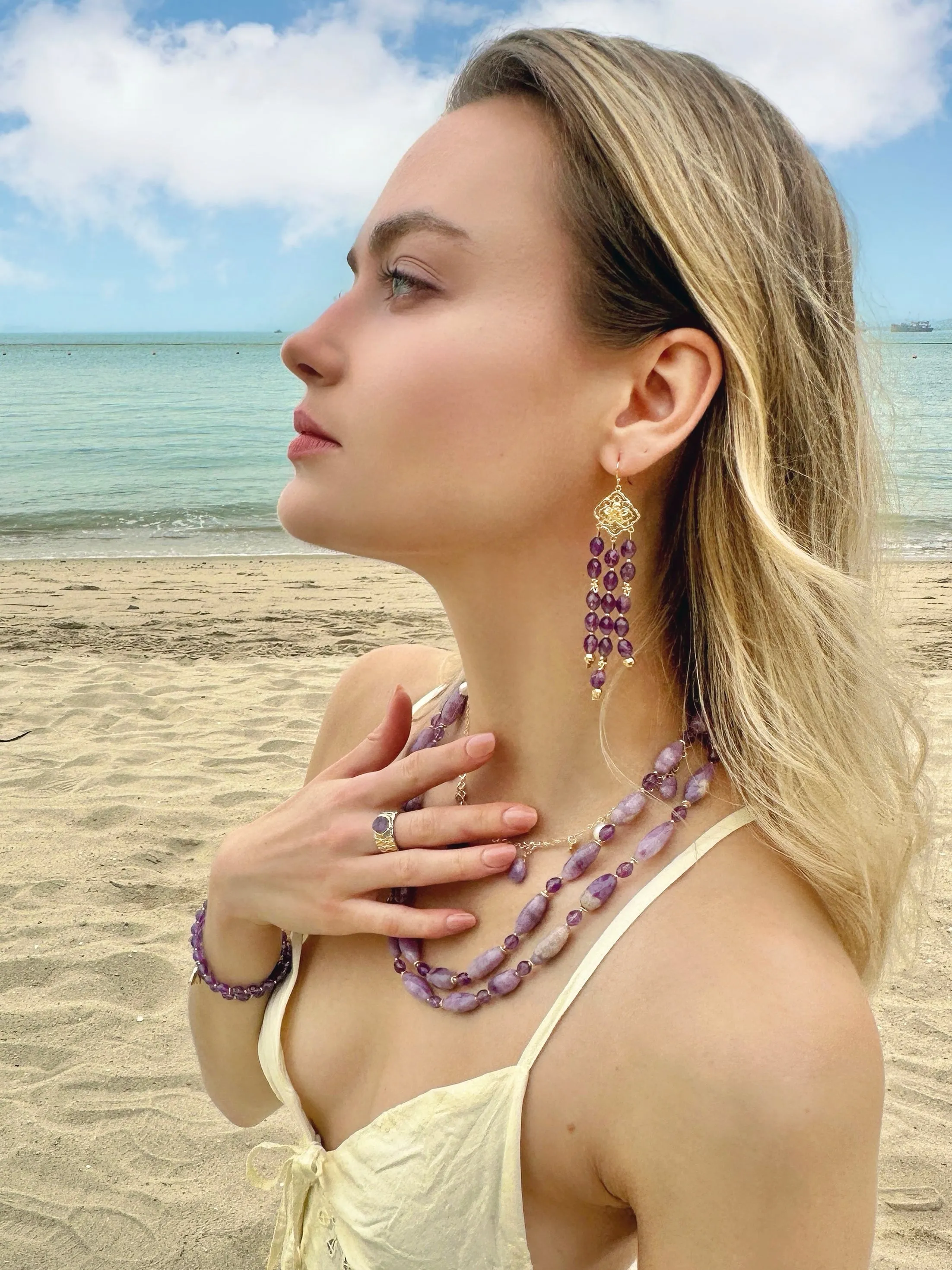 Bohemian Amethyst Beaded Tassel Earrings LE011