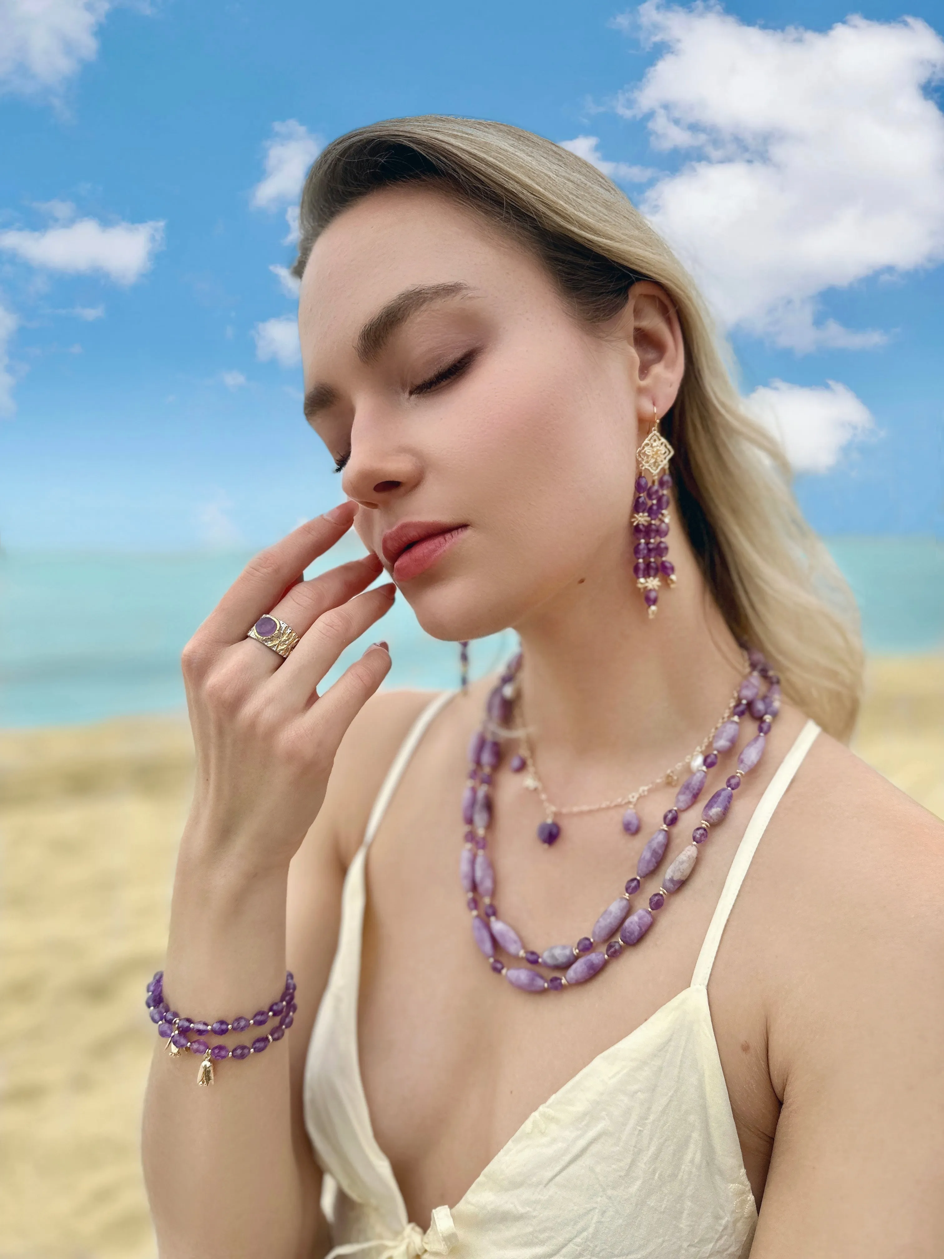 Bohemian Amethyst Beaded Tassel Earrings LE011