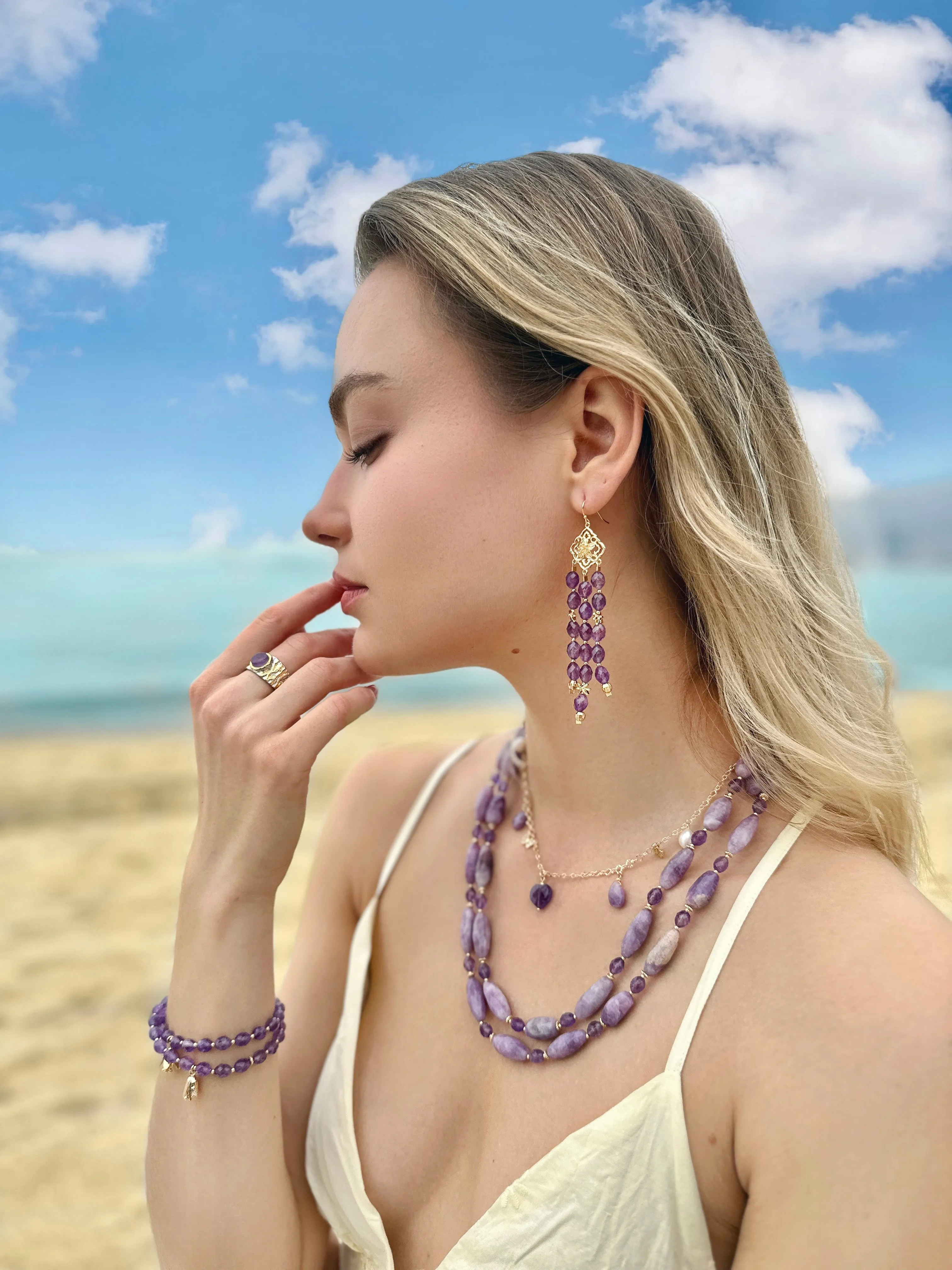 Bohemian Amethyst Beaded Tassel Earrings LE011