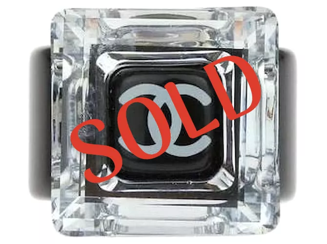 Chanel 08A Square Mirror CC Crystal Resin Black Cocktail Ring Size 6.5