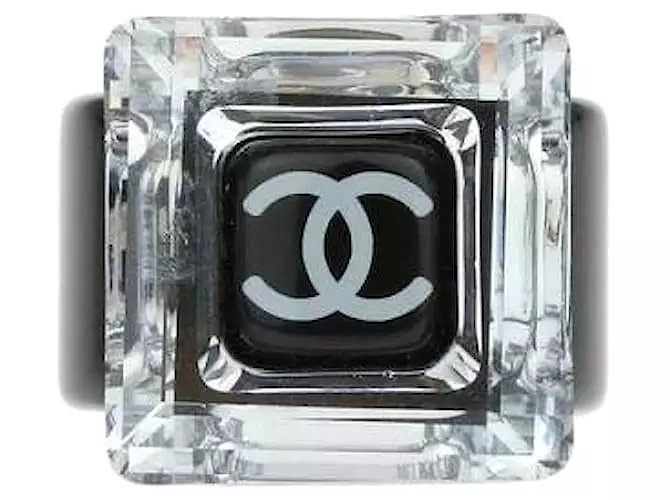 Chanel 08A Square Mirror CC Crystal Resin Black Cocktail Ring Size 6.5