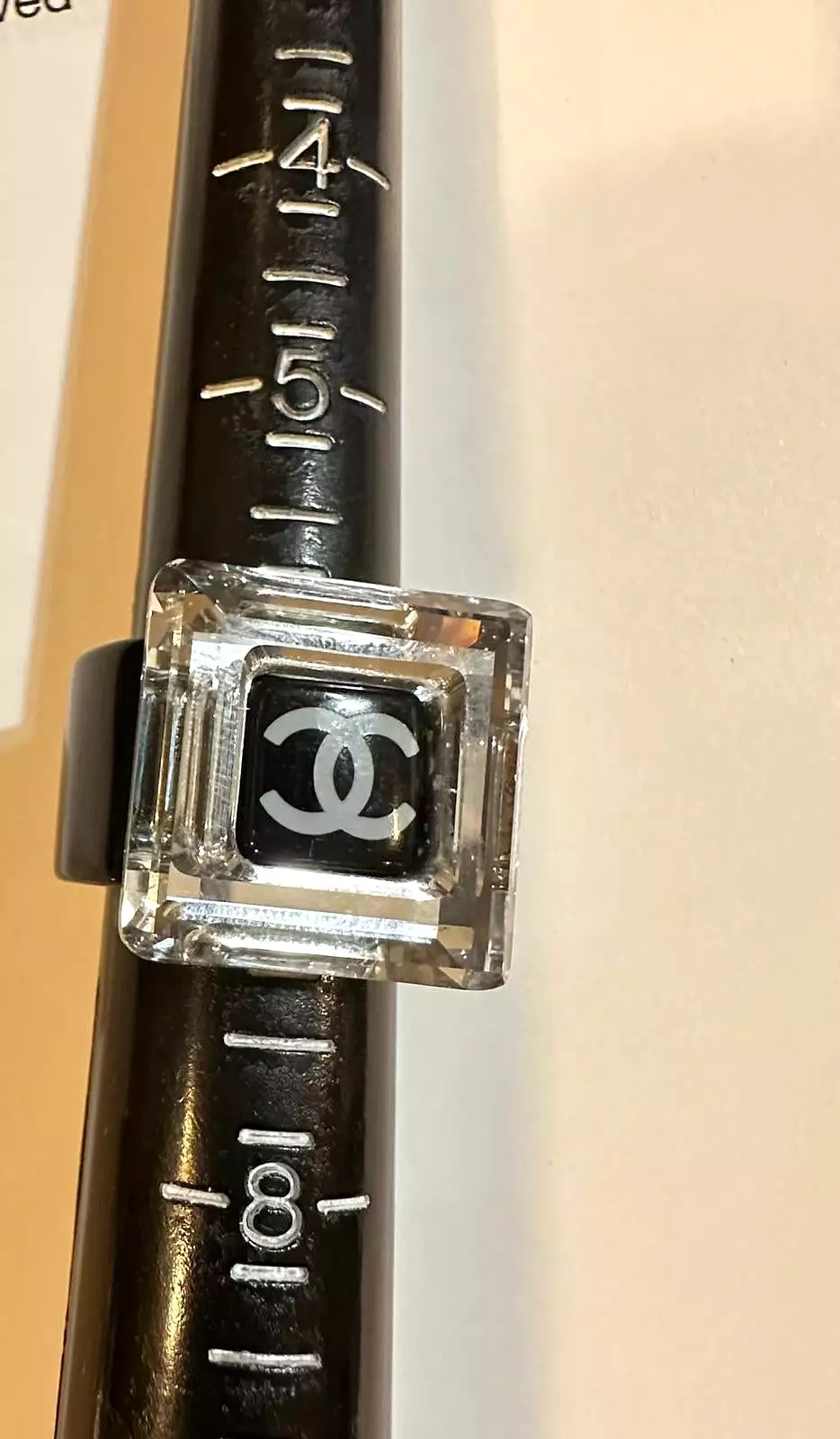 Chanel 08A Square Mirror CC Crystal Resin Black Cocktail Ring Size 6.5