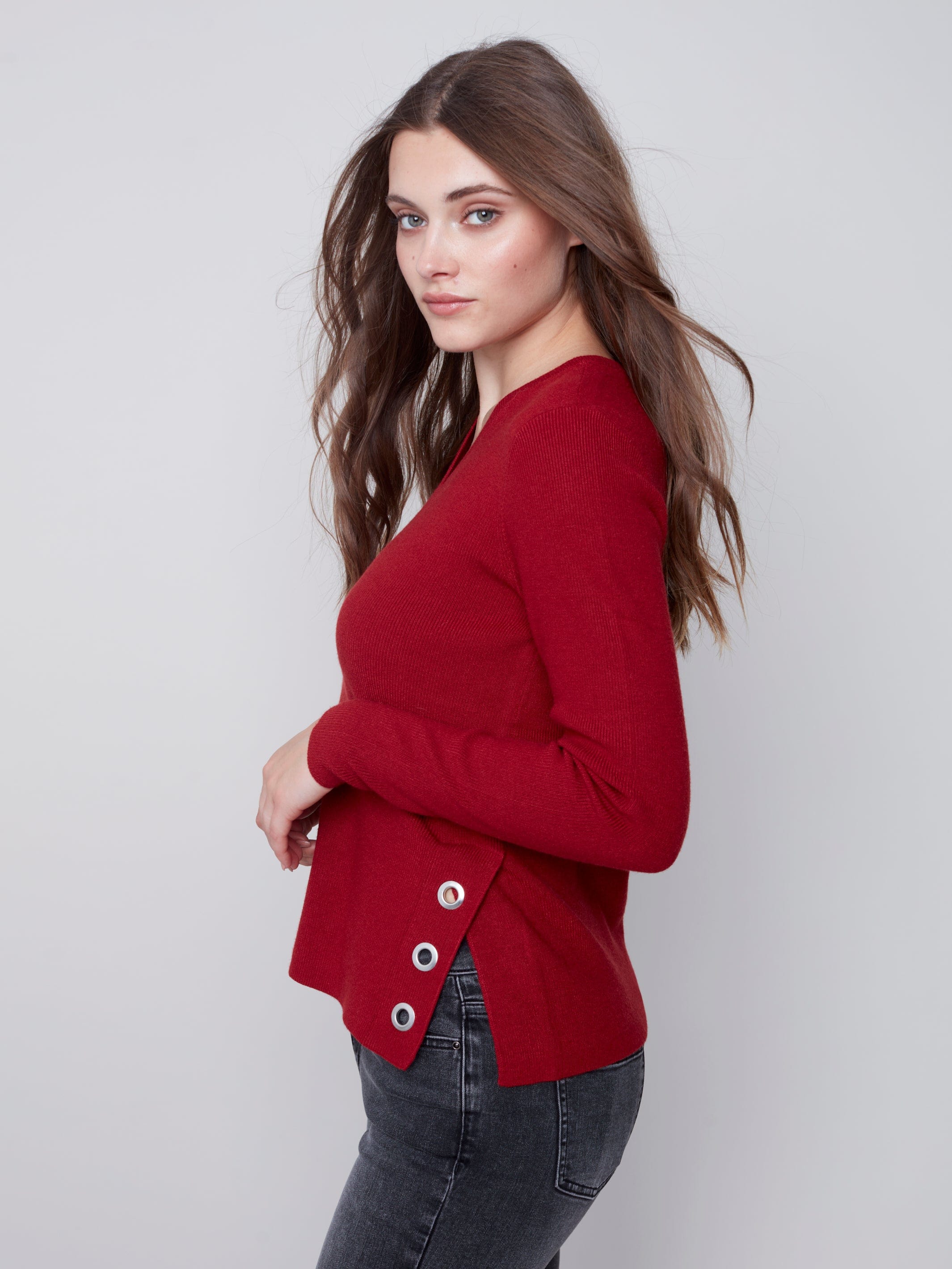 Charlie B Round Plushy Knit V-Neck Ruby - C2569