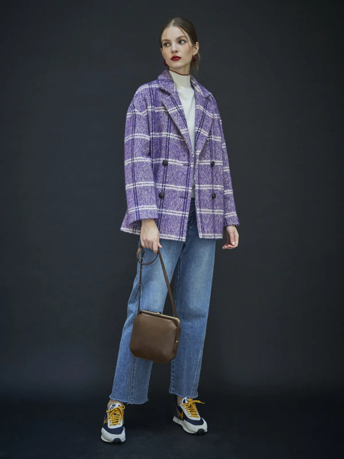 Checked Short Coat Jacket - Purple