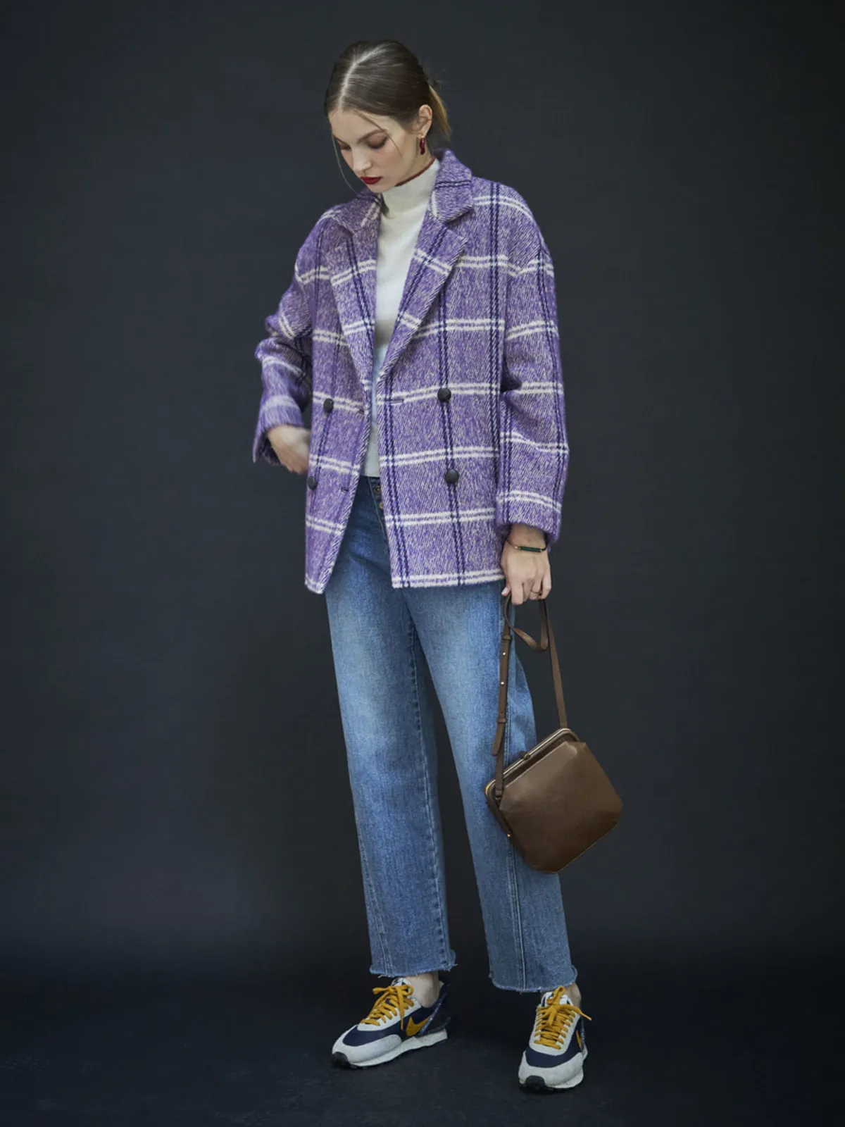 Checked Short Coat Jacket - Purple