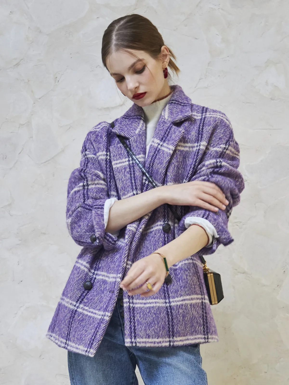 Checked Short Coat Jacket - Purple