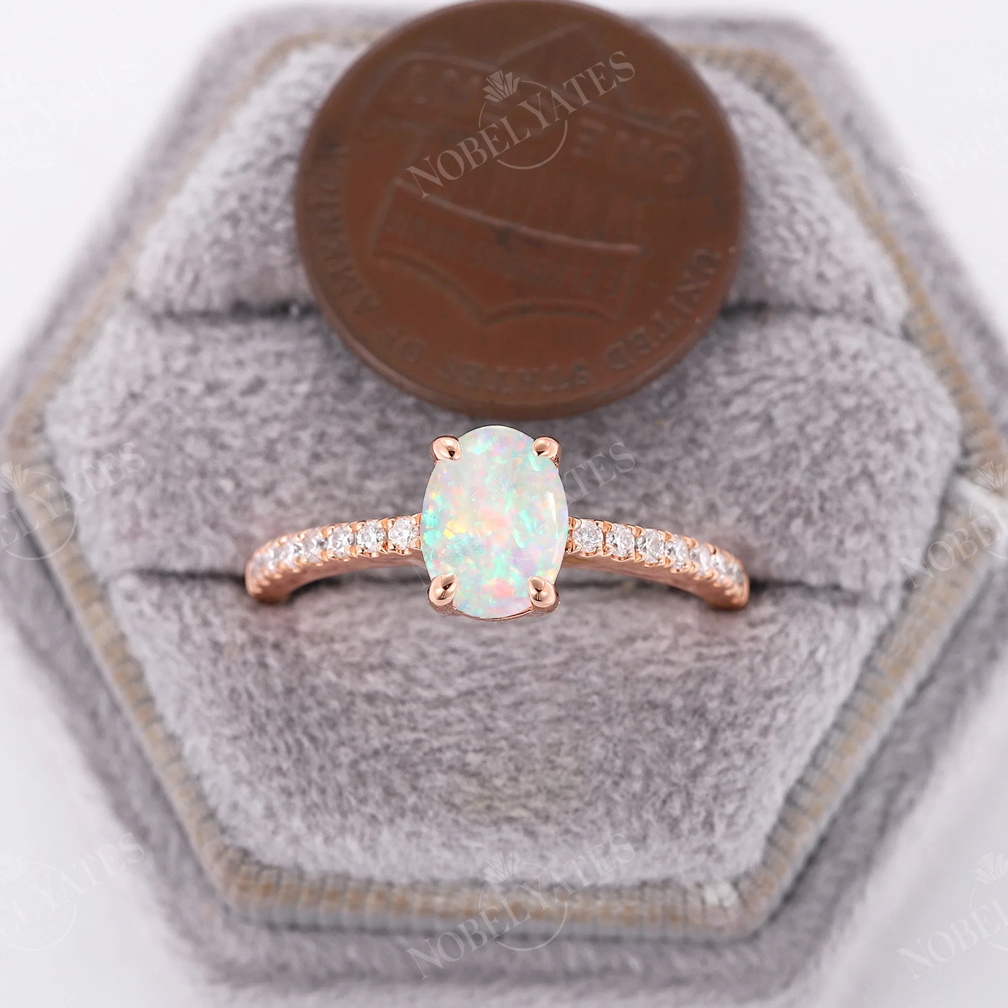 Classic Oval Opal Engagement Ring Moissanite Pave Rose Gold