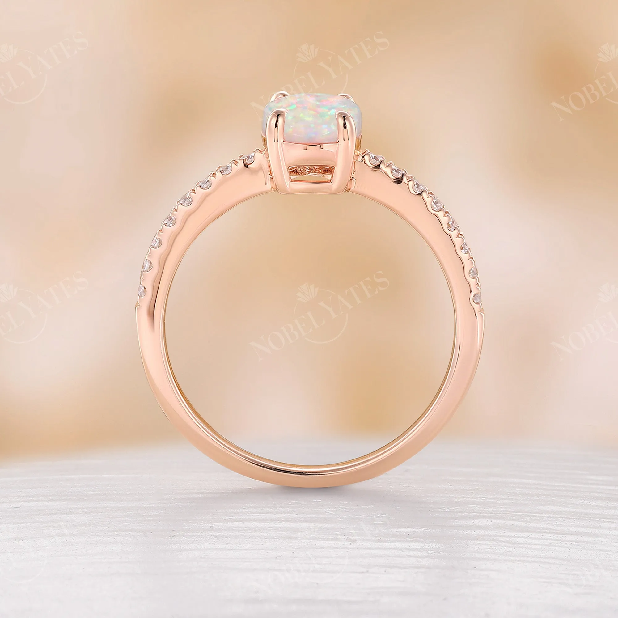 Classic Oval Opal Engagement Ring Moissanite Pave Rose Gold