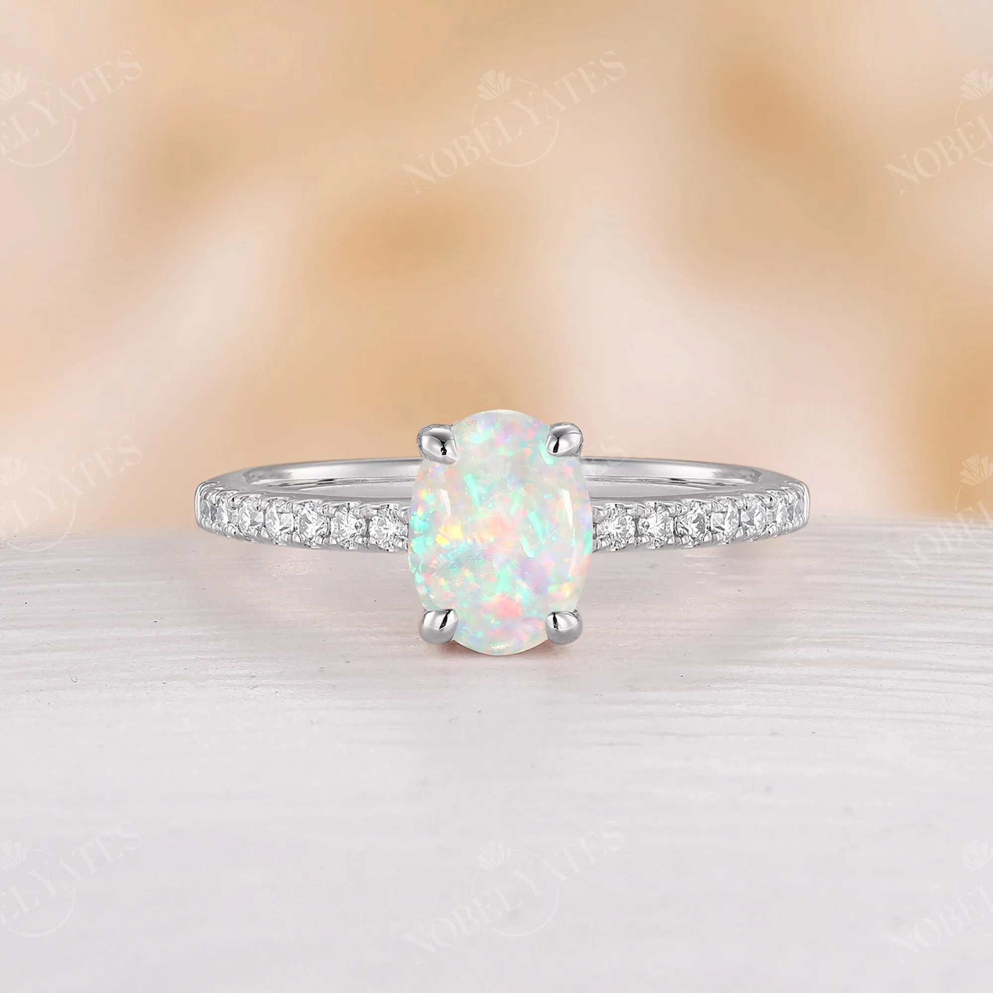 Classic Oval Opal Engagement Ring Moissanite Pave Rose Gold