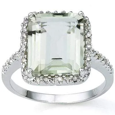 CLASSY 5.11 CT GREEN AMETHYST & 22 PCS GENUINE DIAMOND 10K SOLID WHITE GOLD RING