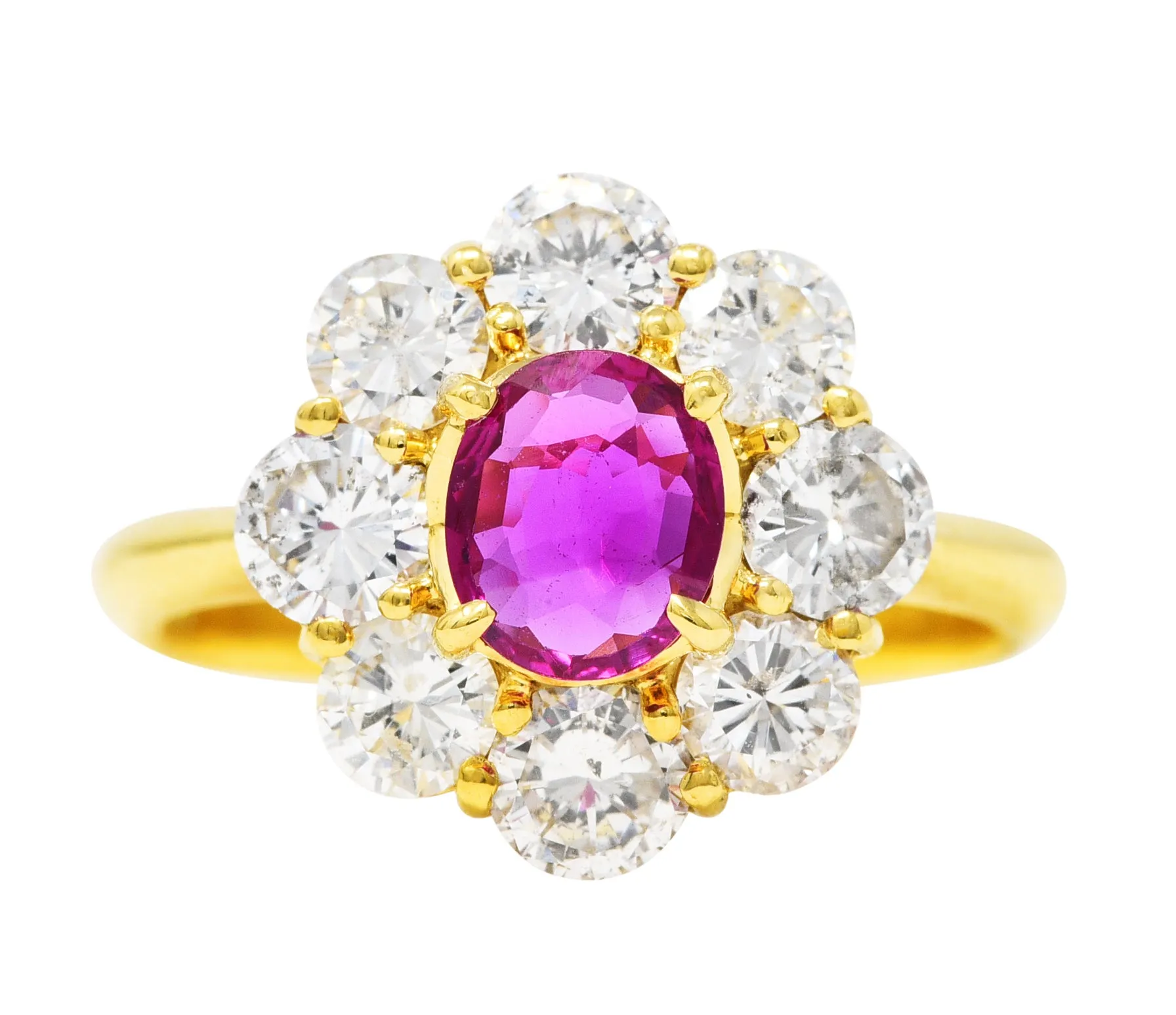 Contemporary 1.86 CTW Ruby Diamond 18 Karat Yellow Gold Cluster Ring