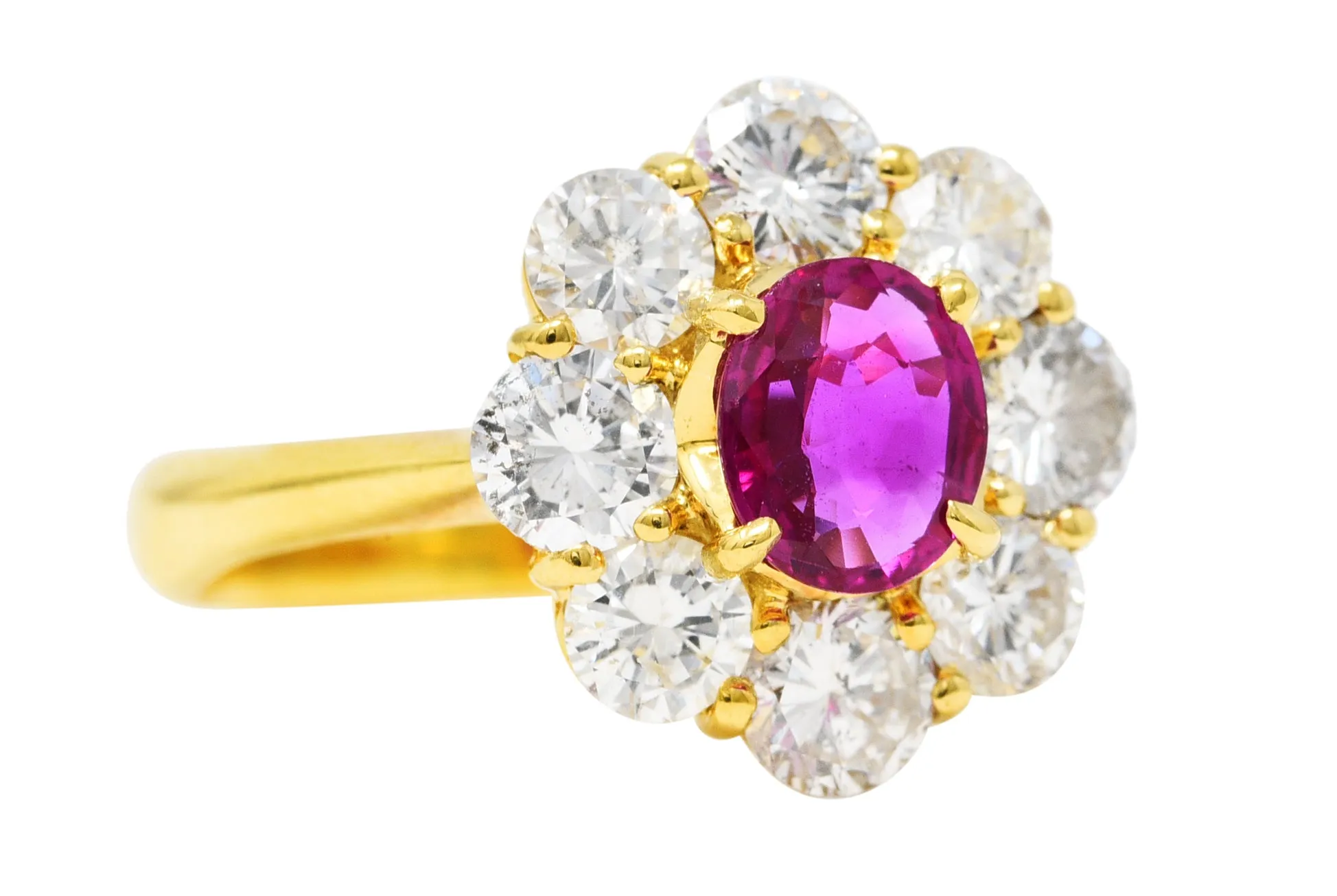 Contemporary 1.86 CTW Ruby Diamond 18 Karat Yellow Gold Cluster Ring