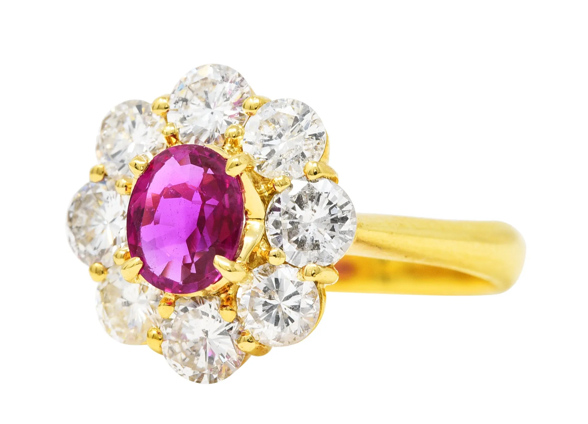 Contemporary 1.86 CTW Ruby Diamond 18 Karat Yellow Gold Cluster Ring